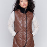 Brown faux leather vest with quilted design, featuring a front zipper closure and side welt pockets, by Charlie B.