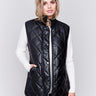 Black faux leather vest with quilted design, featuring a front zipper closure and side welt pockets, by Charlie B.