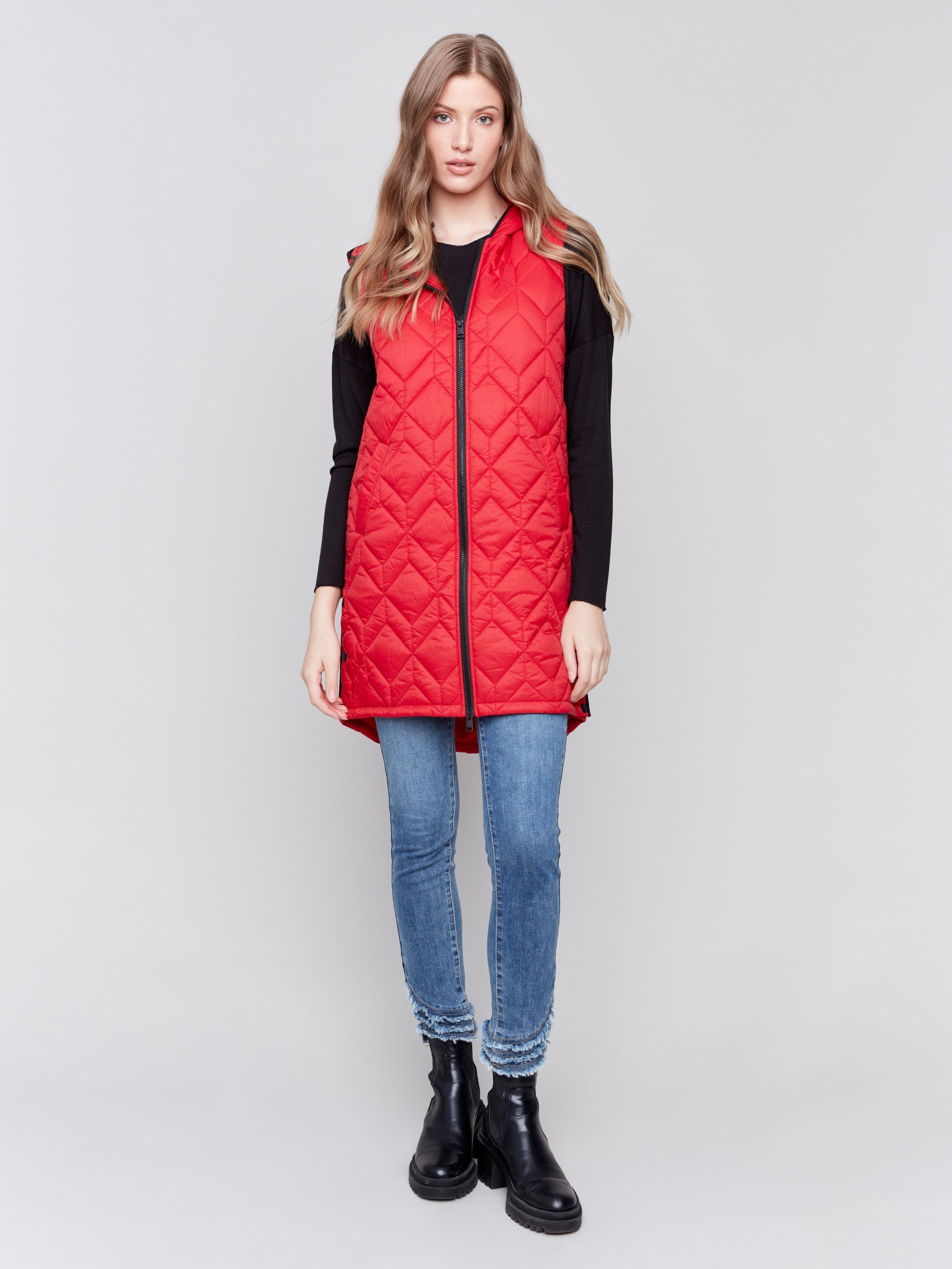 Cranberry red long quilted puffer vest with zip closure and hood by Charlie B.