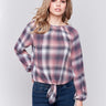 Quartz long-sleeve blouse with balloon sleeves and front tie detail in a plaid check pattern by Charlie B.