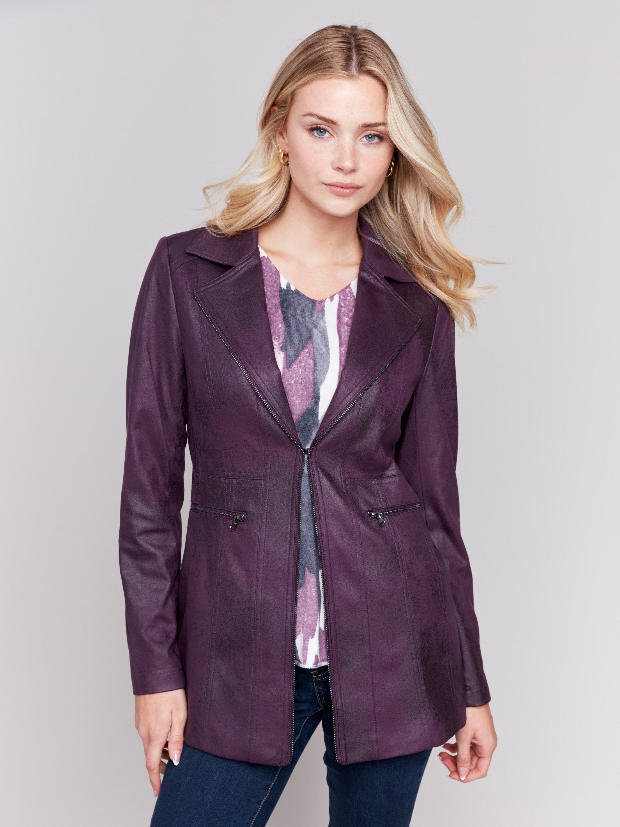 Rich plum purple faux suede long jacket with zipper details and pockets by Charlie B.