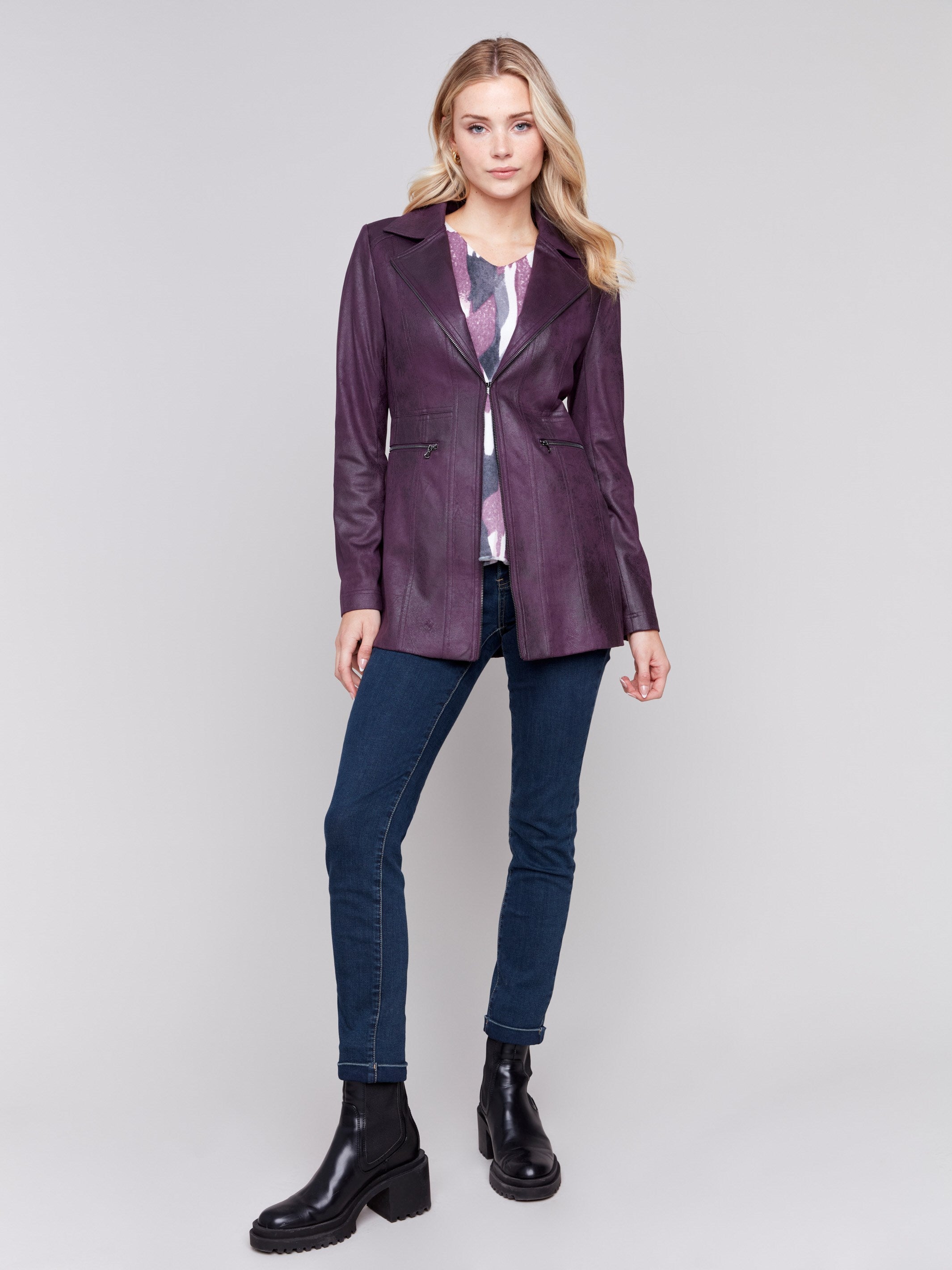 Rich plum purple faux suede long jacket with zipper details and pockets by Charlie B.