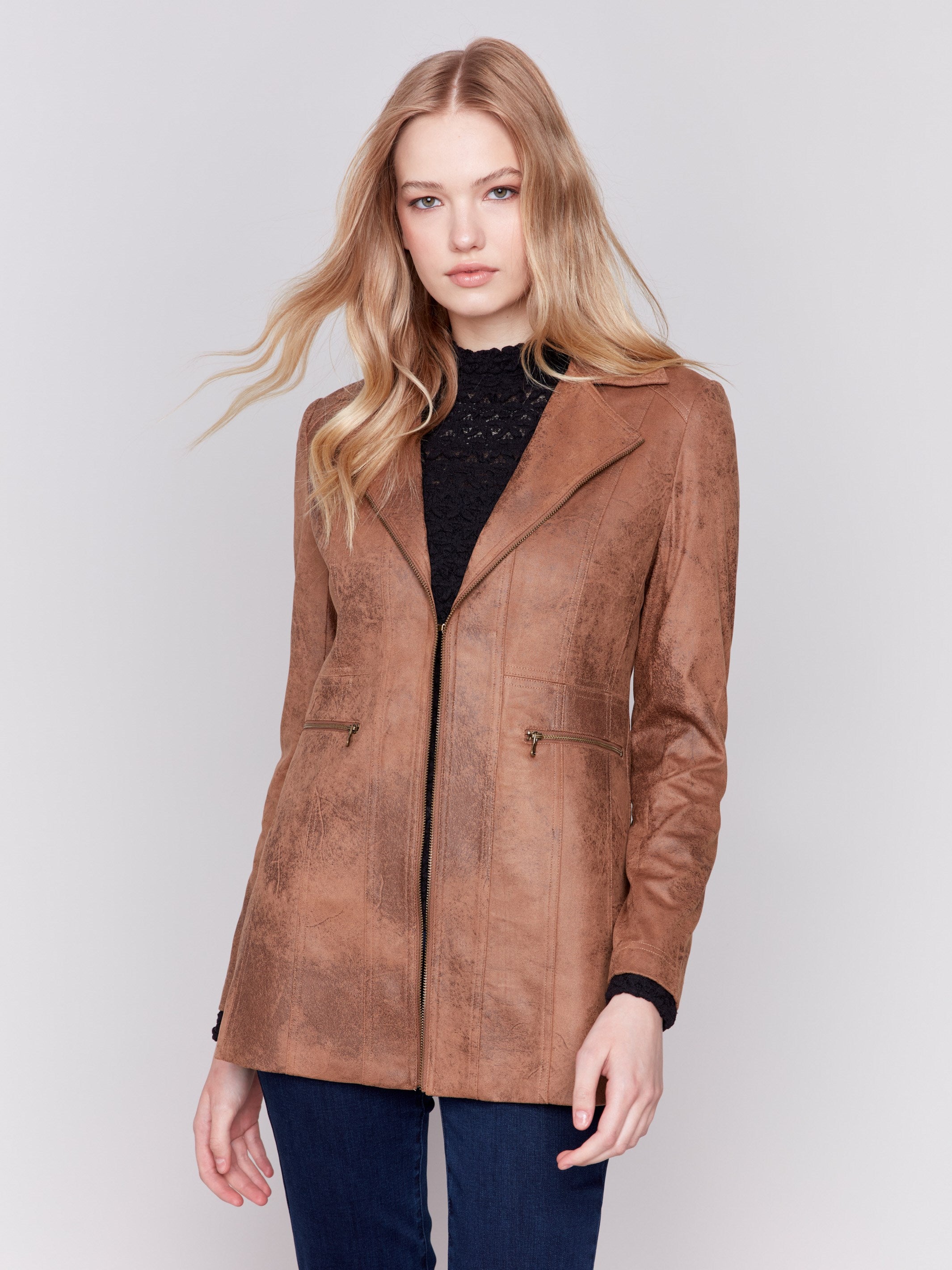 Rich truffle faux suede long jacket with zipper details and pockets by Charlie B.