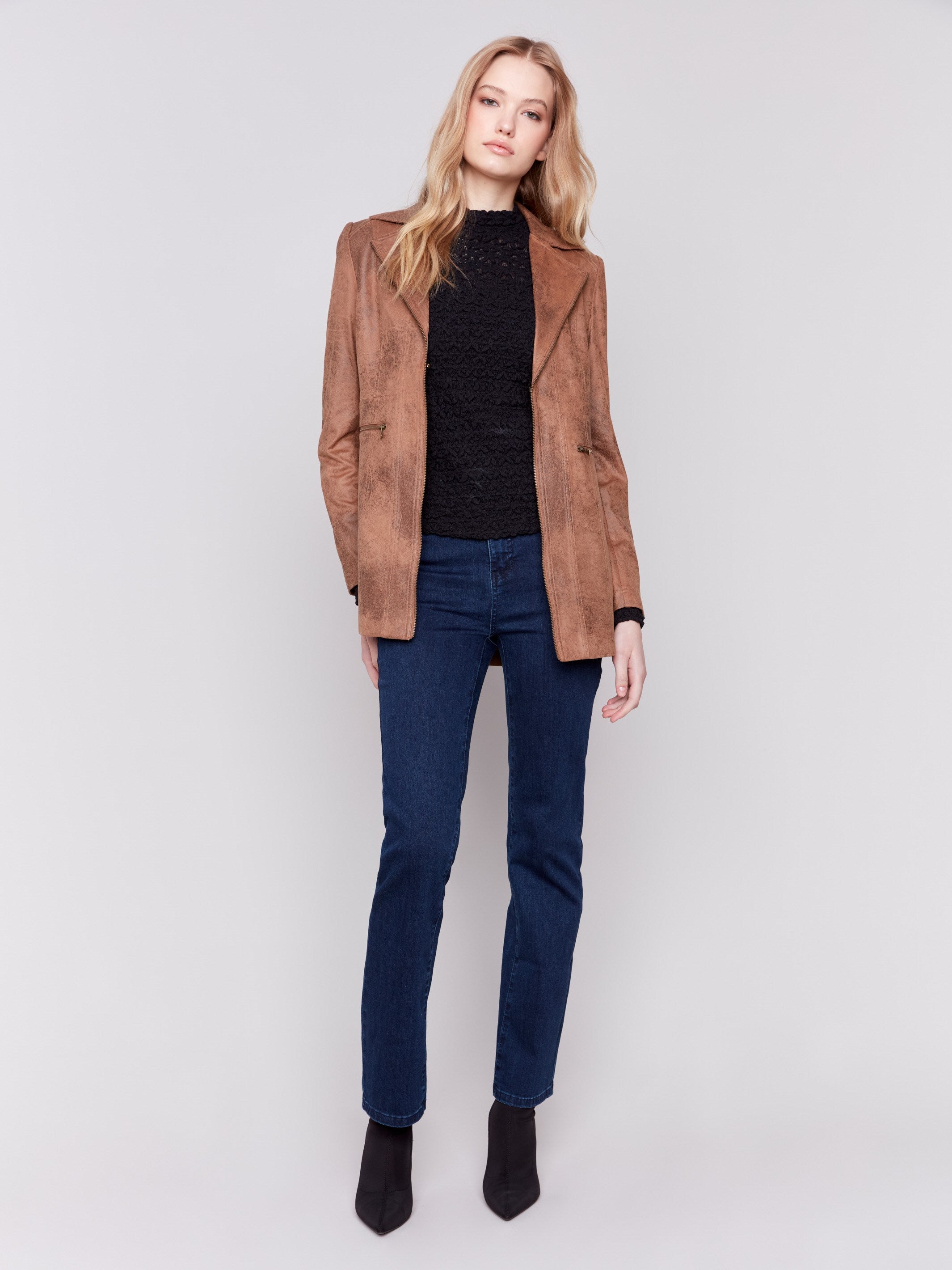 Rich truffle faux suede long jacket with zipper details and pockets by Charlie B.