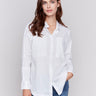 White loose fit poplin shirt with drop shoulders, rounded hem, and patch pockets by Charlie B.