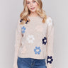 Beige Nep Yarn sweater featuring a floral pattern with long sleeves and crew neck by Charlie B.