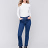 Indigo blueflare jeans with ombre hem and stud details, featuring five-pocket design and regular rise by Charlie B.