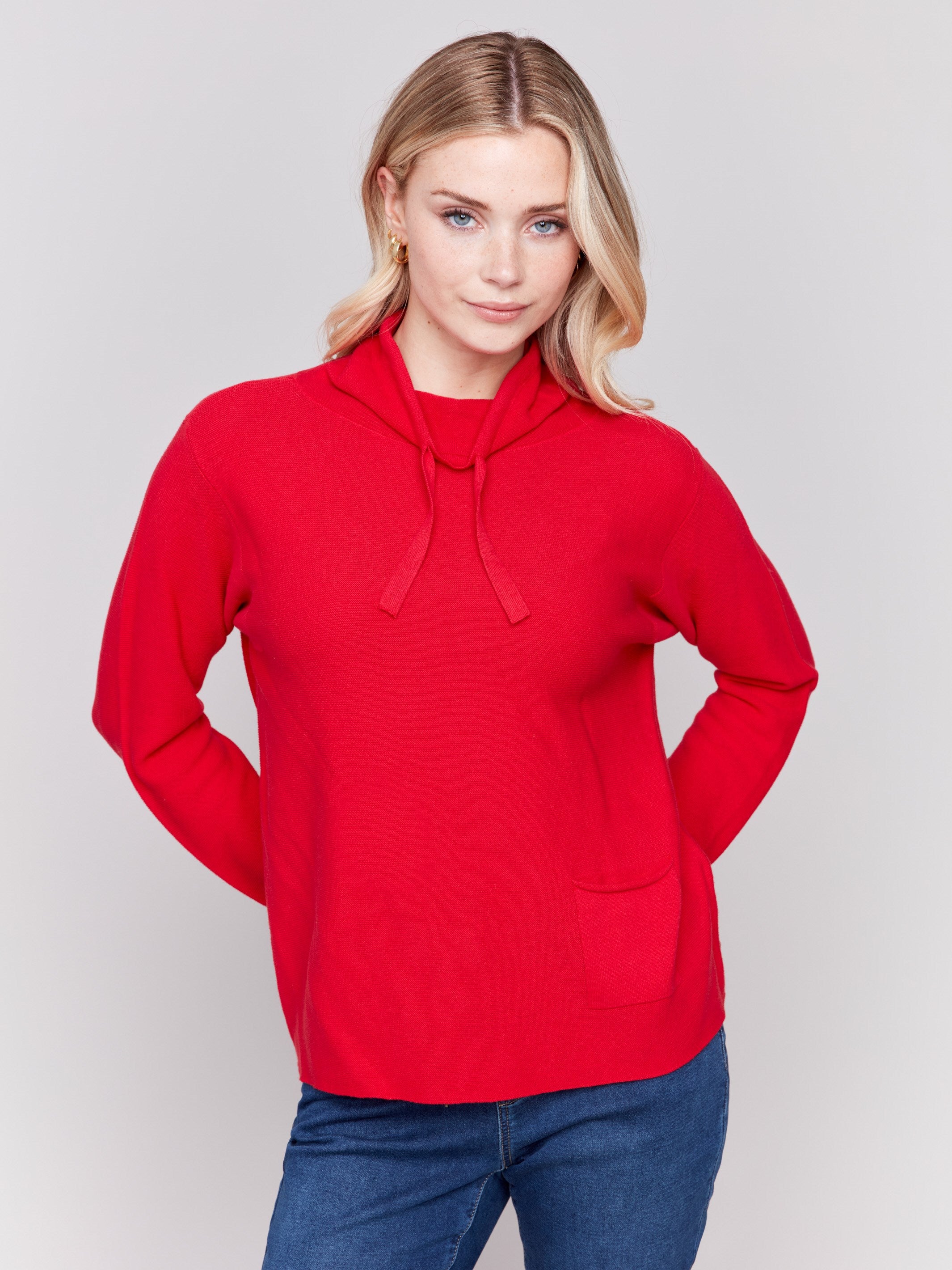 Cranberry red ottoman cotton funnel neck sweater with a small front pocket, featuring long sleeves and a cozy style by Charlie B.