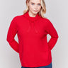 Cranberry red ottoman cotton funnel neck sweater with a small front pocket, featuring long sleeves and a cozy style by Charlie B.