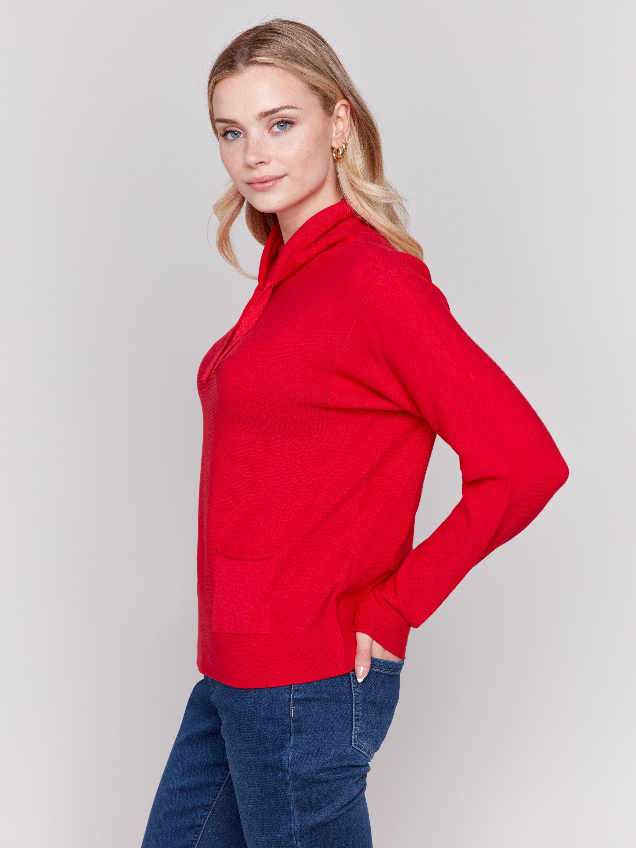 Cranberry red ottoman cotton funnel neck sweater with a small front pocket, featuring long sleeves and a cozy style by Charlie B.