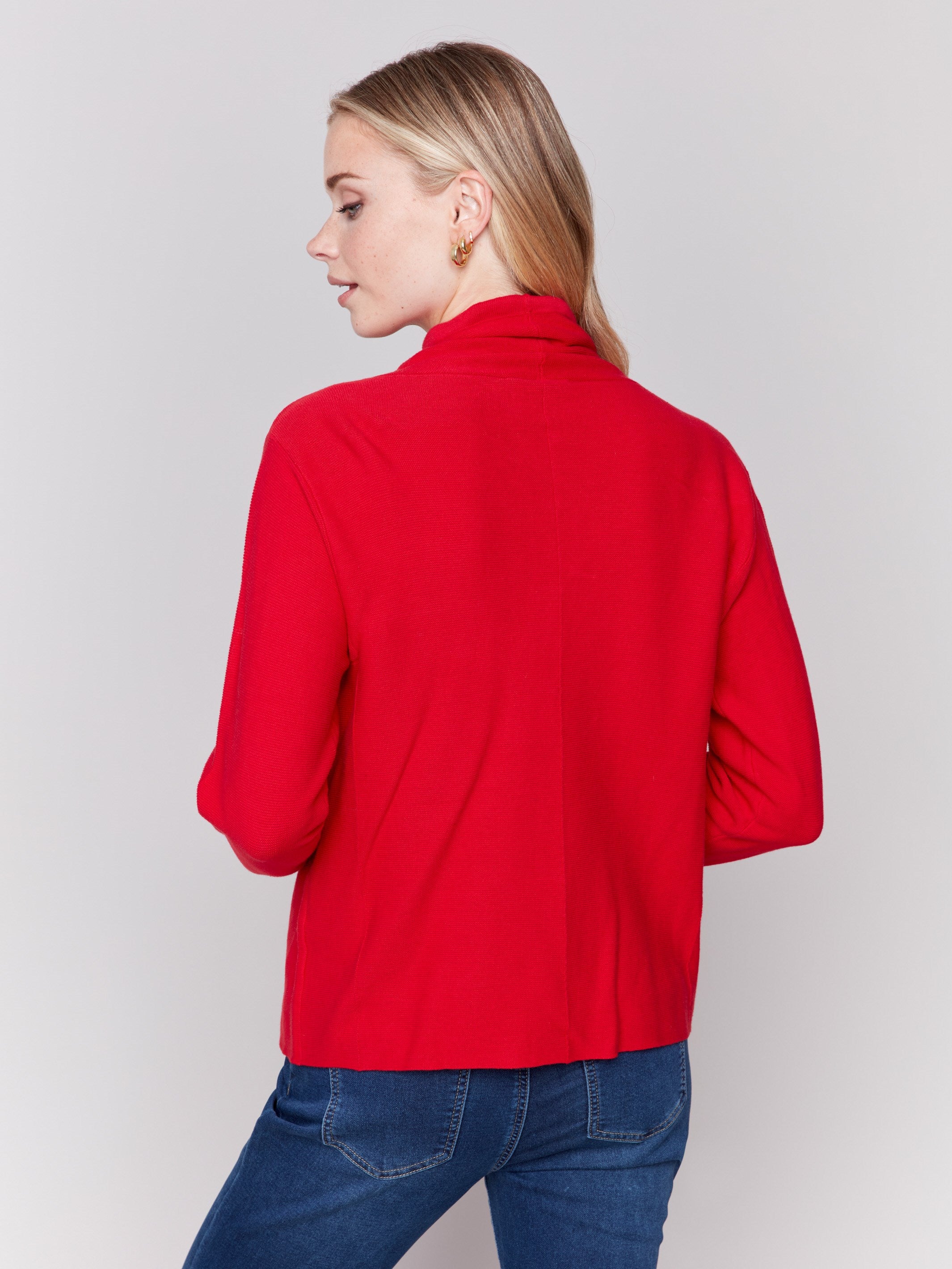 Cranberry red ottoman cotton funnel neck sweater with a small front pocket, featuring long sleeves and a cozy style by Charlie B.