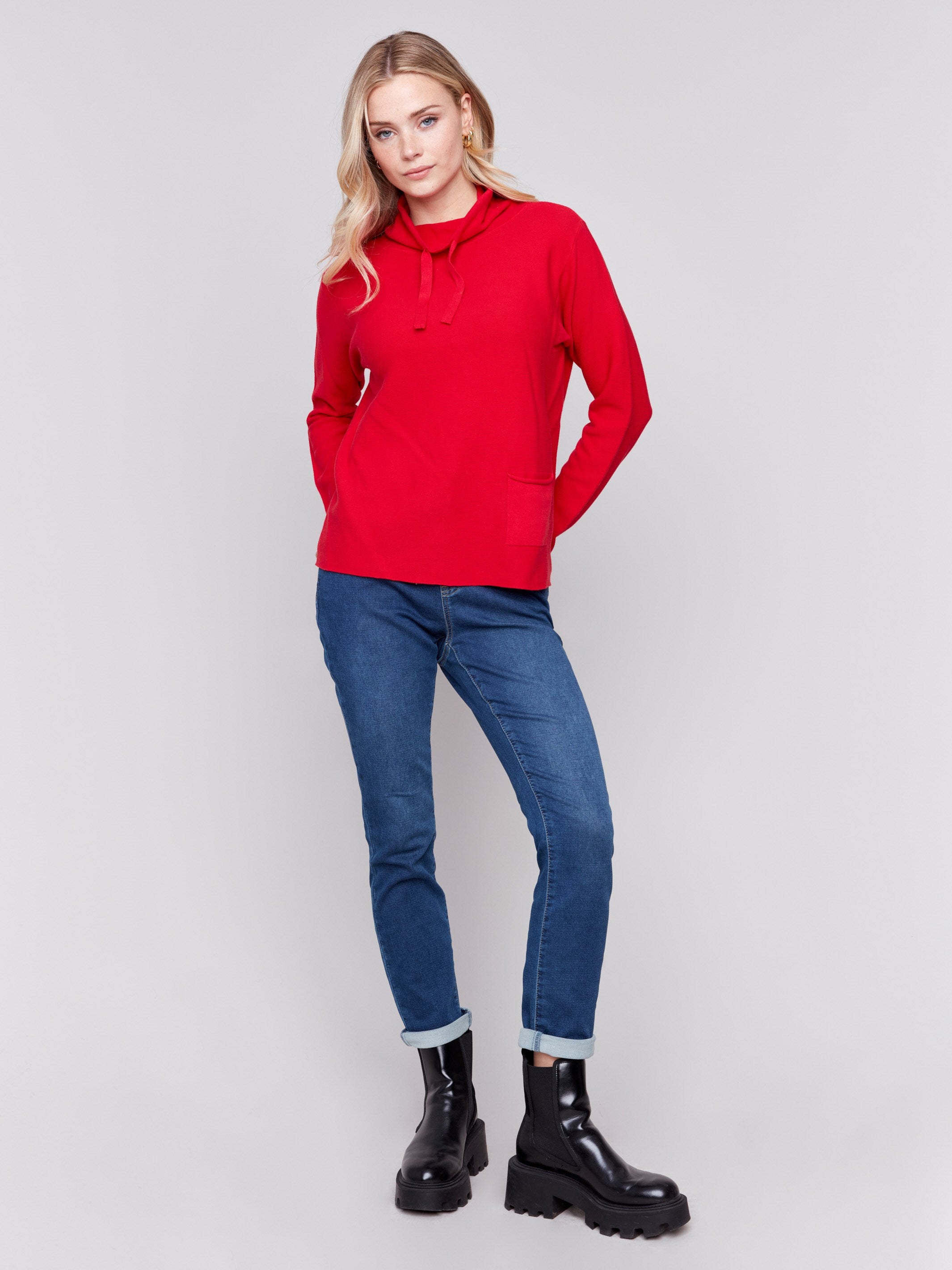 Cranberry red ottoman cotton funnel neck sweater with a small front pocket, featuring long sleeves and a cozy style by Charlie B.