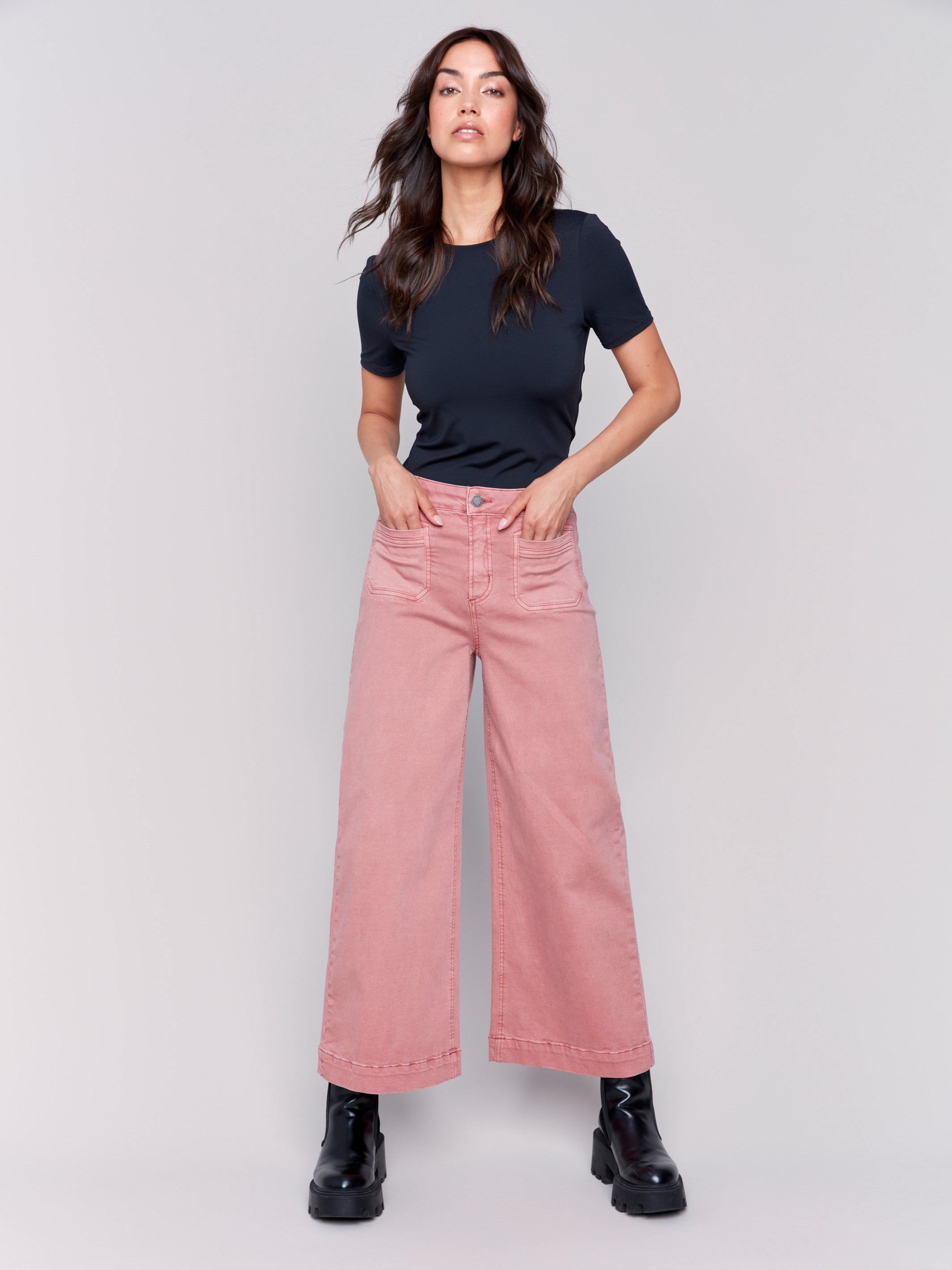 Woodrose cropped twill pants with front patch pockets and a flare leg by Charlie B.