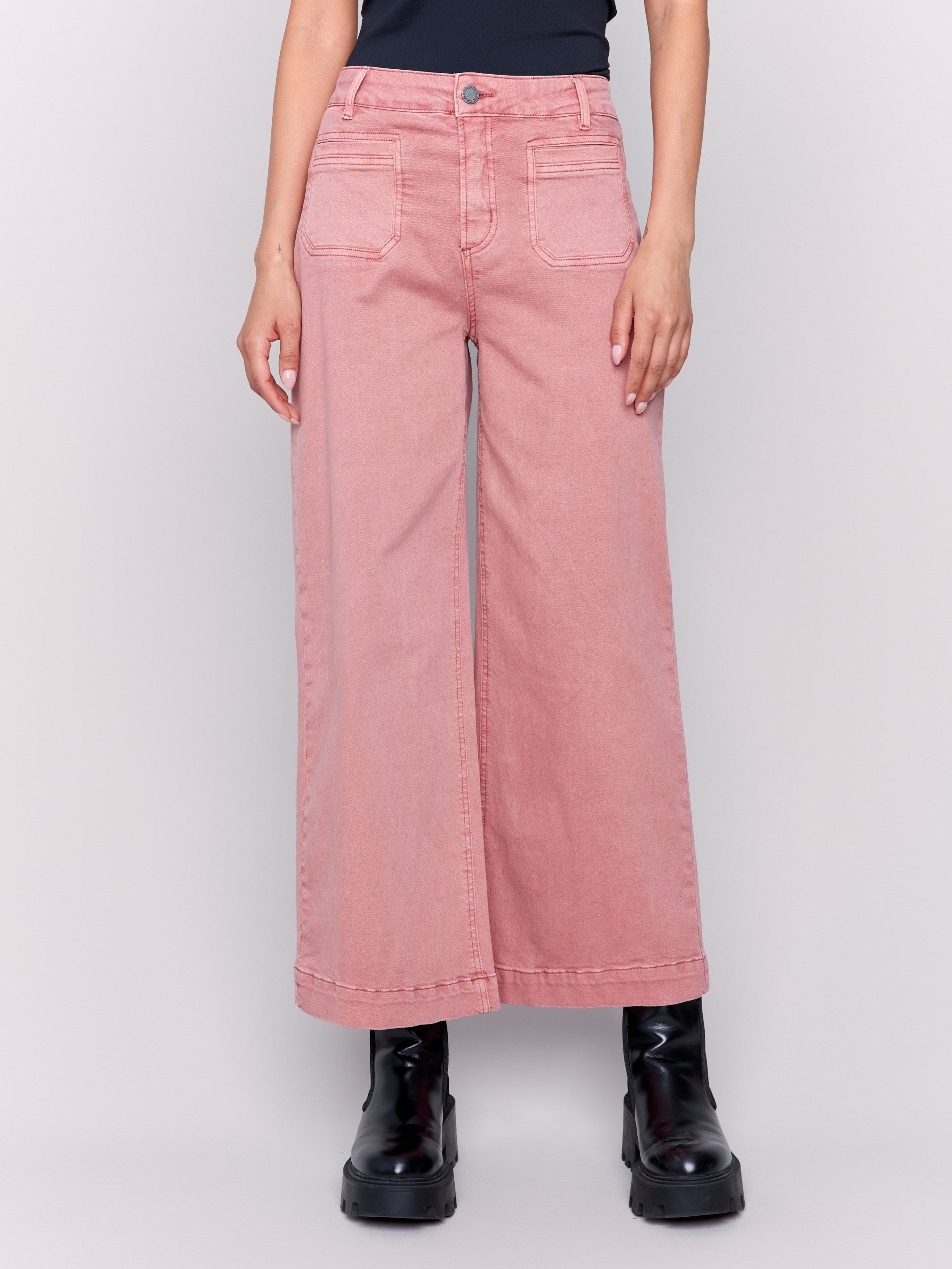 Woodrose cropped twill pants with front patch pockets and a flare leg by Charlie B.