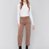 Brown cropped twill pants with front patch pockets and a flare leg by Charlie B.