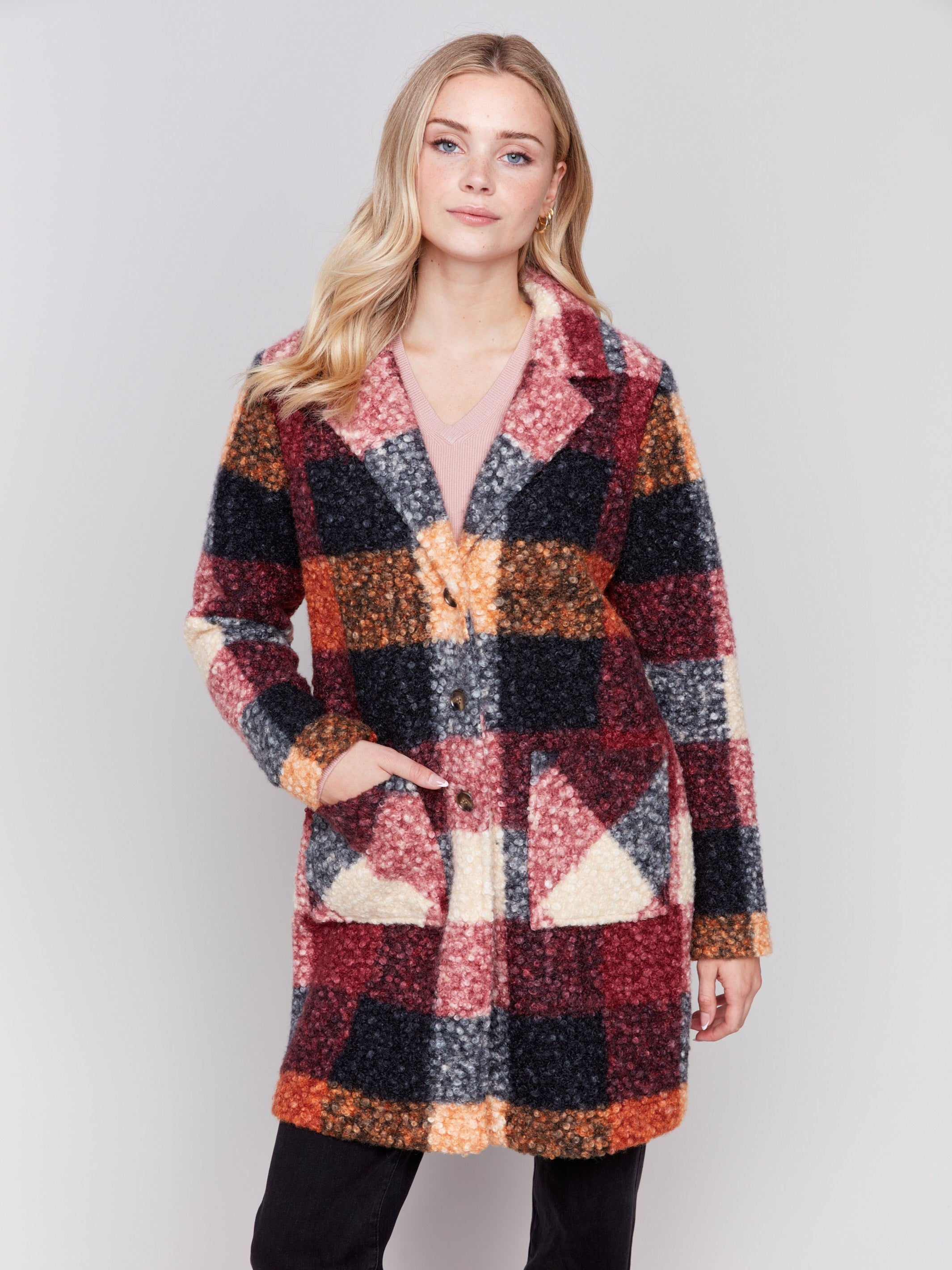 Cabernet red and multicolor plaid bouclé knit coat featuring a tailored collar and patch pockets by Charlie B.