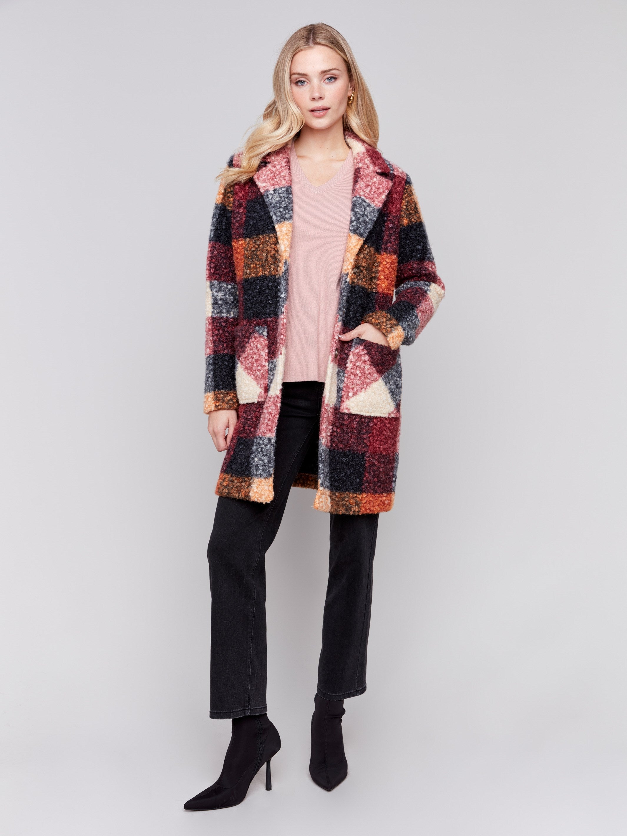 Cabernet red and multicolor plaid bouclé knit coat featuring a tailored collar and patch pockets by Charlie B.