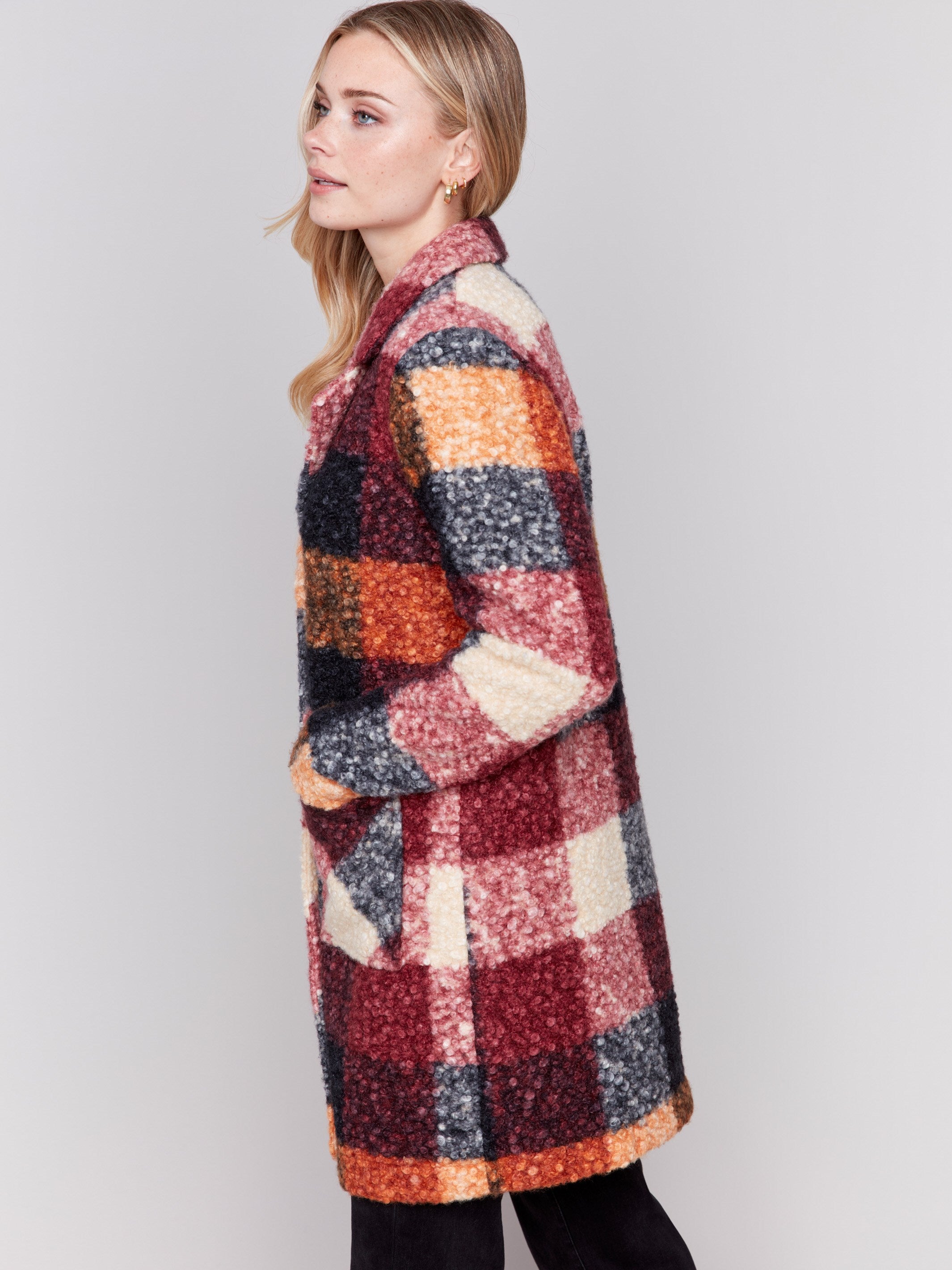 Cabernet red and multicolor plaid bouclé knit coat featuring a tailored collar and patch pockets by Charlie B.