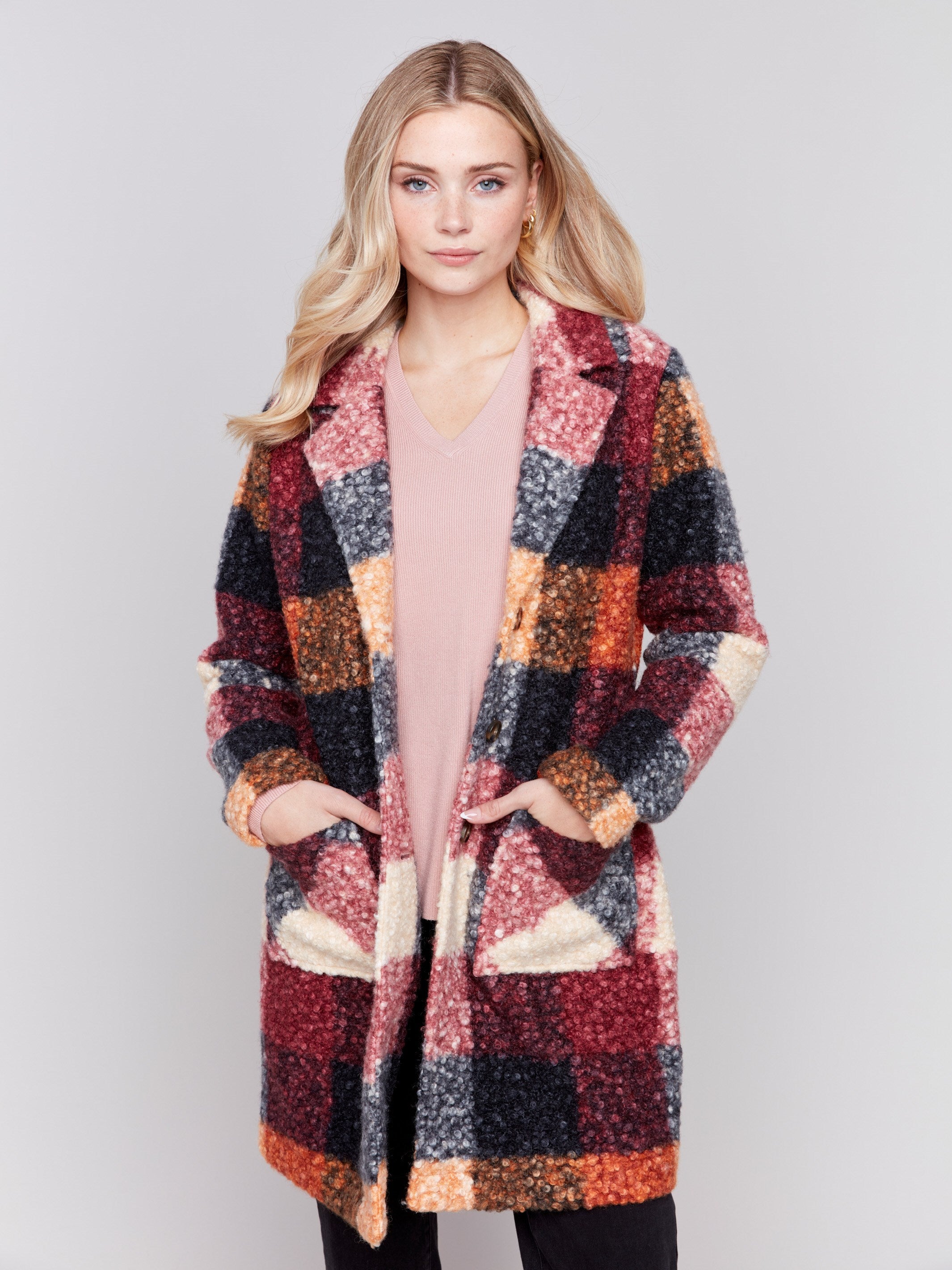 Cabernet red and multicolor plaid bouclé knit coat featuring a tailored collar and patch pockets by Charlie B.