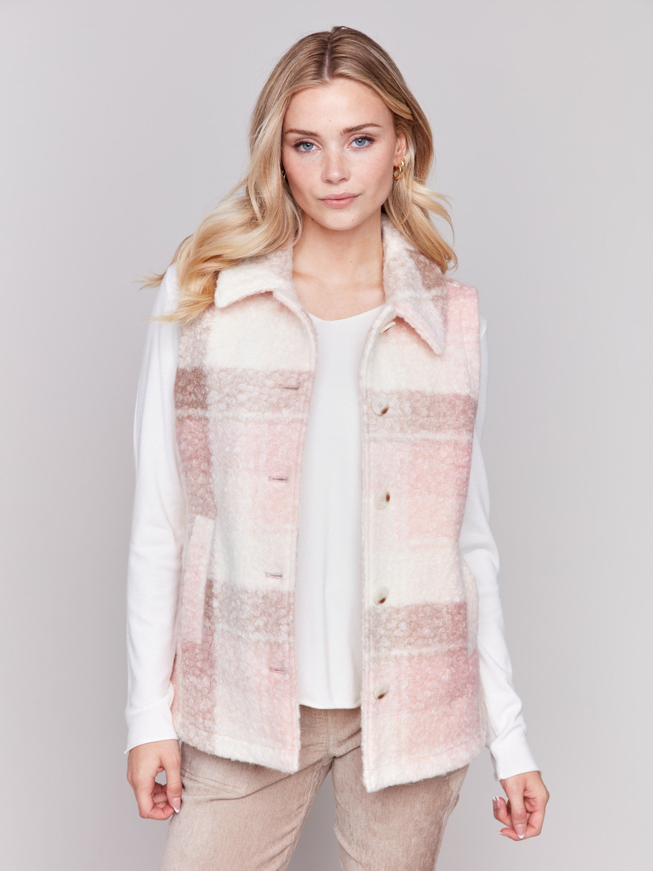 Quartz pink colored plaid bouclé knit vest with spread collar and button closure by Charlie B.