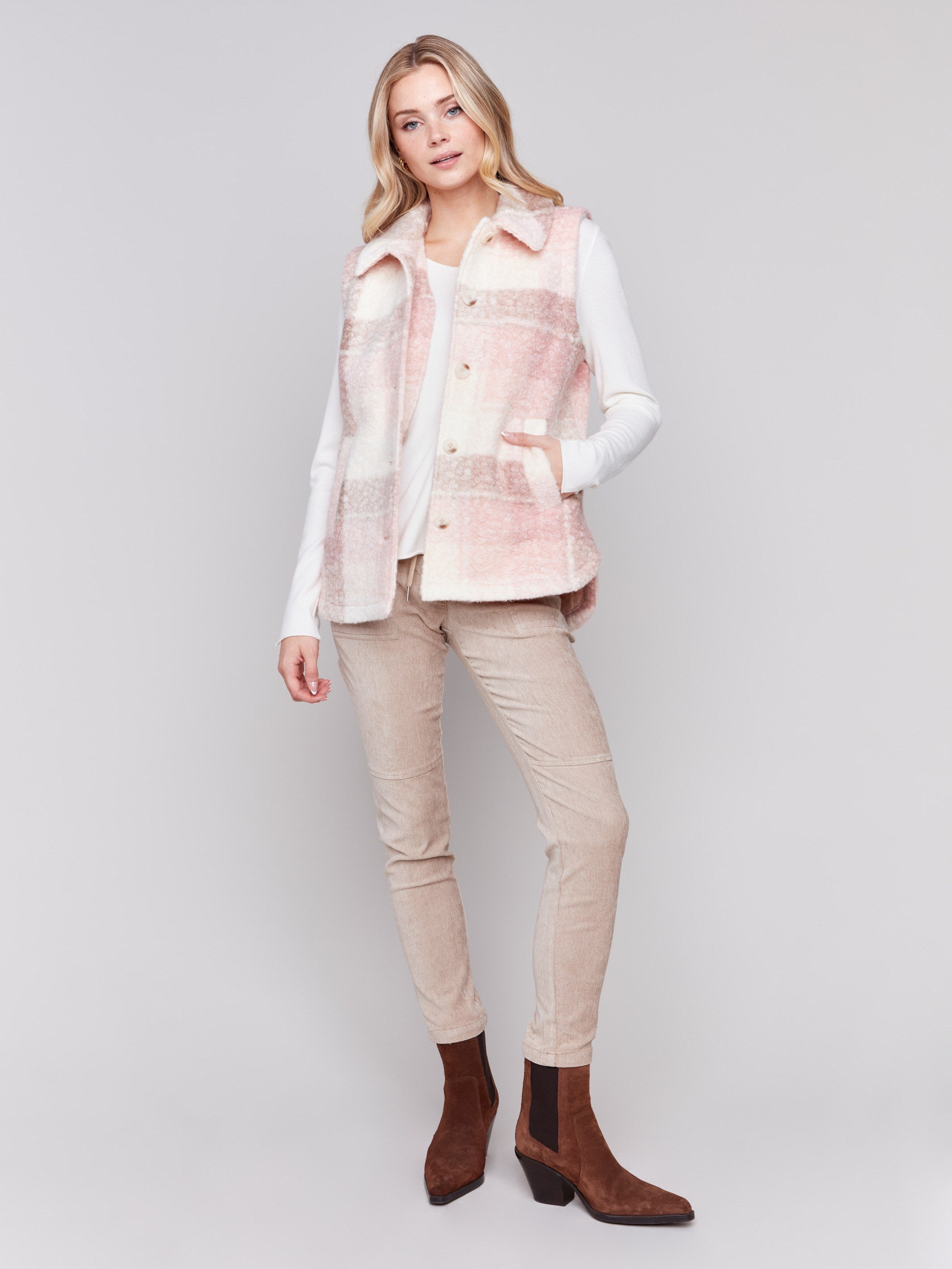 Quartz pink colored plaid bouclé knit vest with spread collar and button closure by Charlie B.