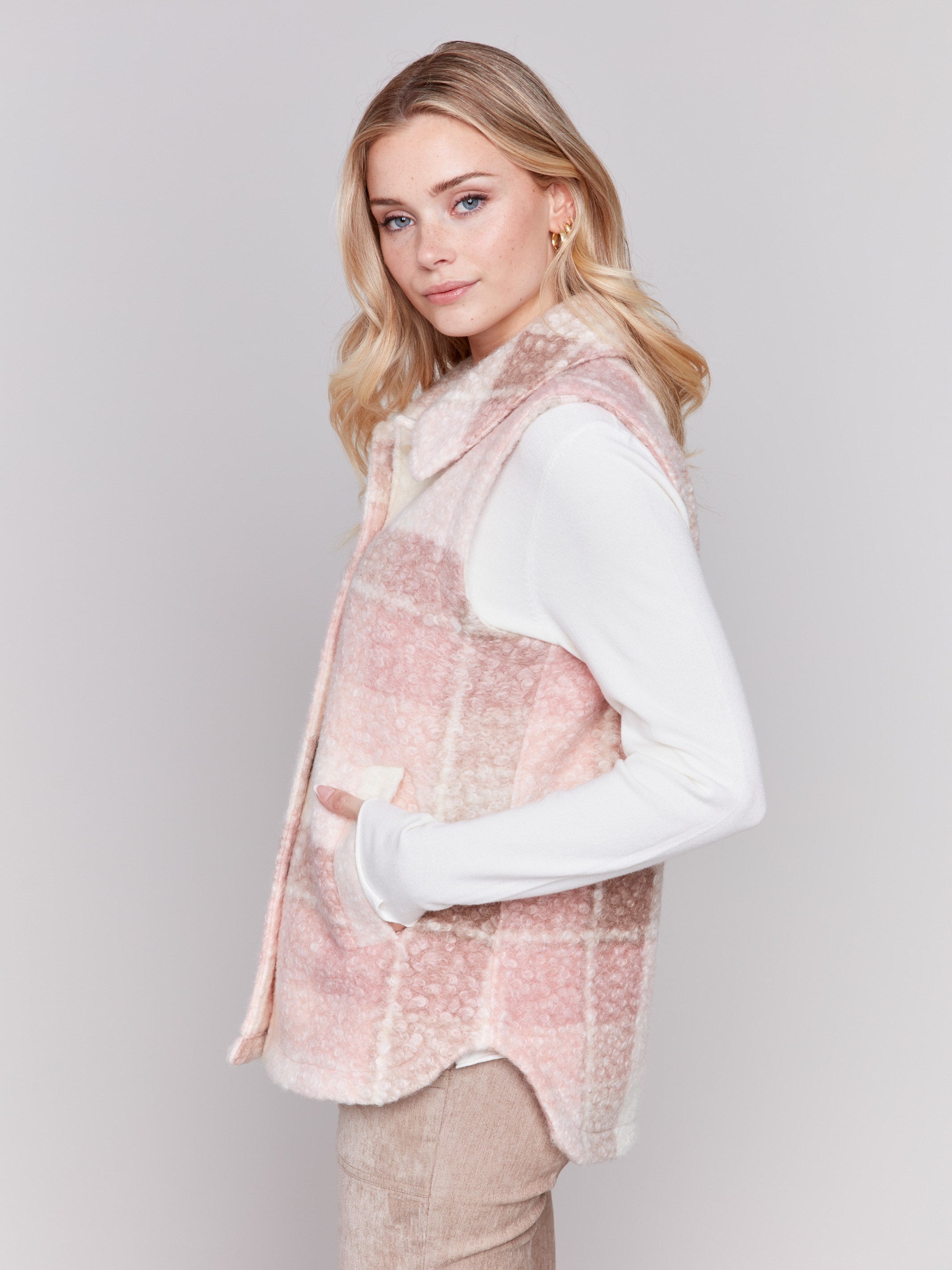 Quartz pink colored plaid bouclé knit vest with spread collar and button closure by Charlie B.