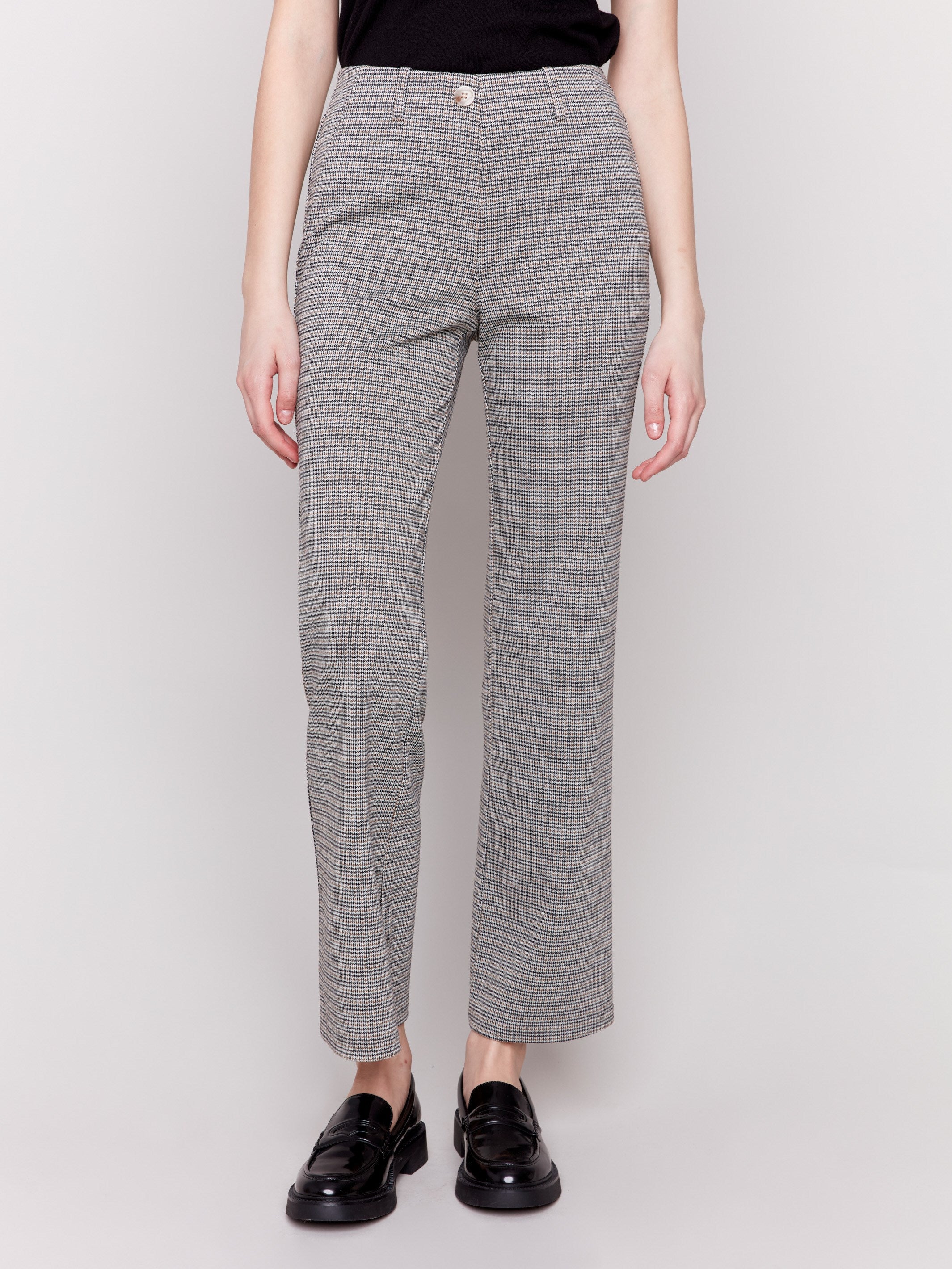 Truffle houndstooth plaid pull-on flared pants with high rise and back pockets by Charlie B.