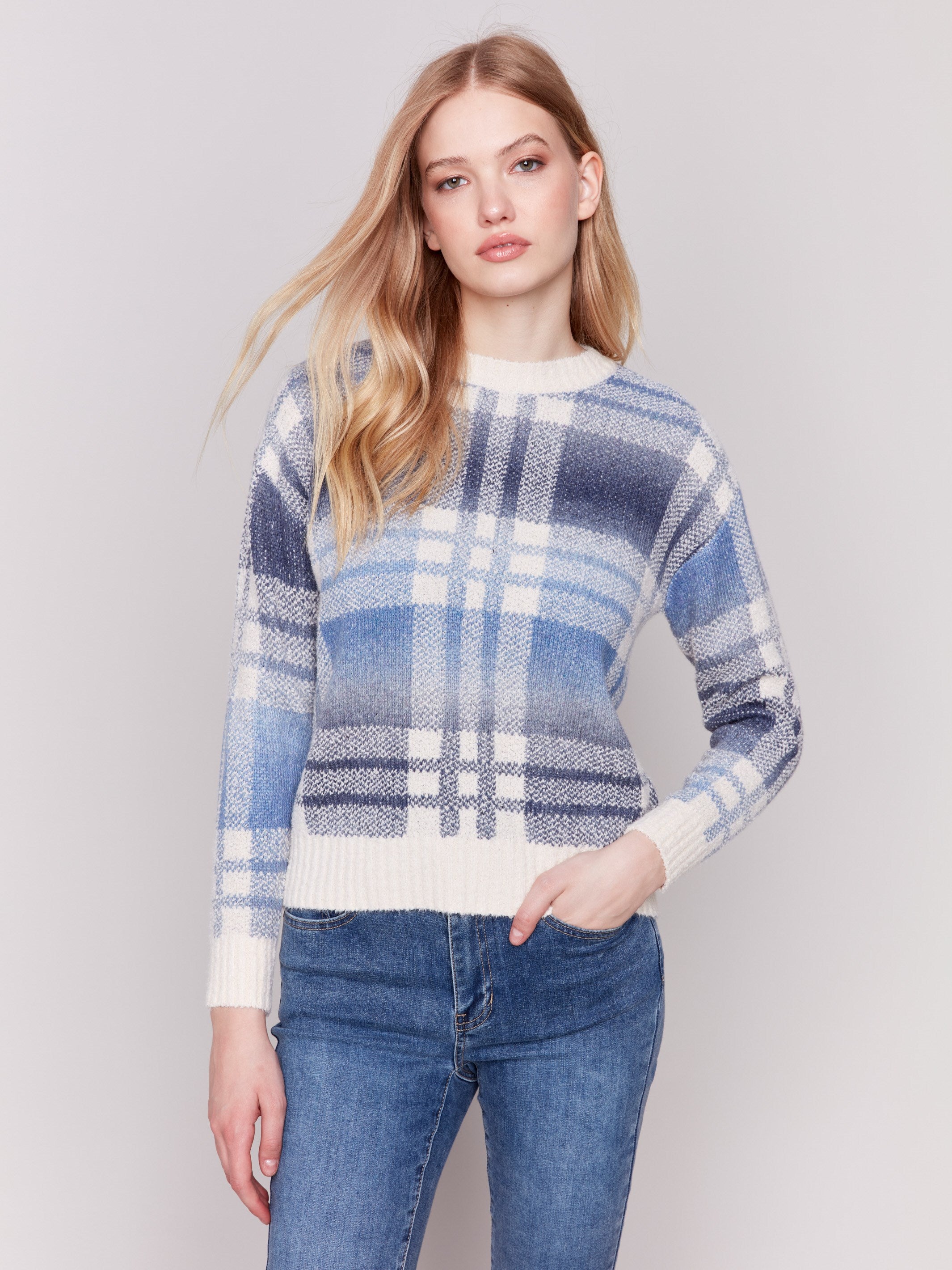 Long-sleeve plaid sweater with multicolor space dye design by Charlie B.