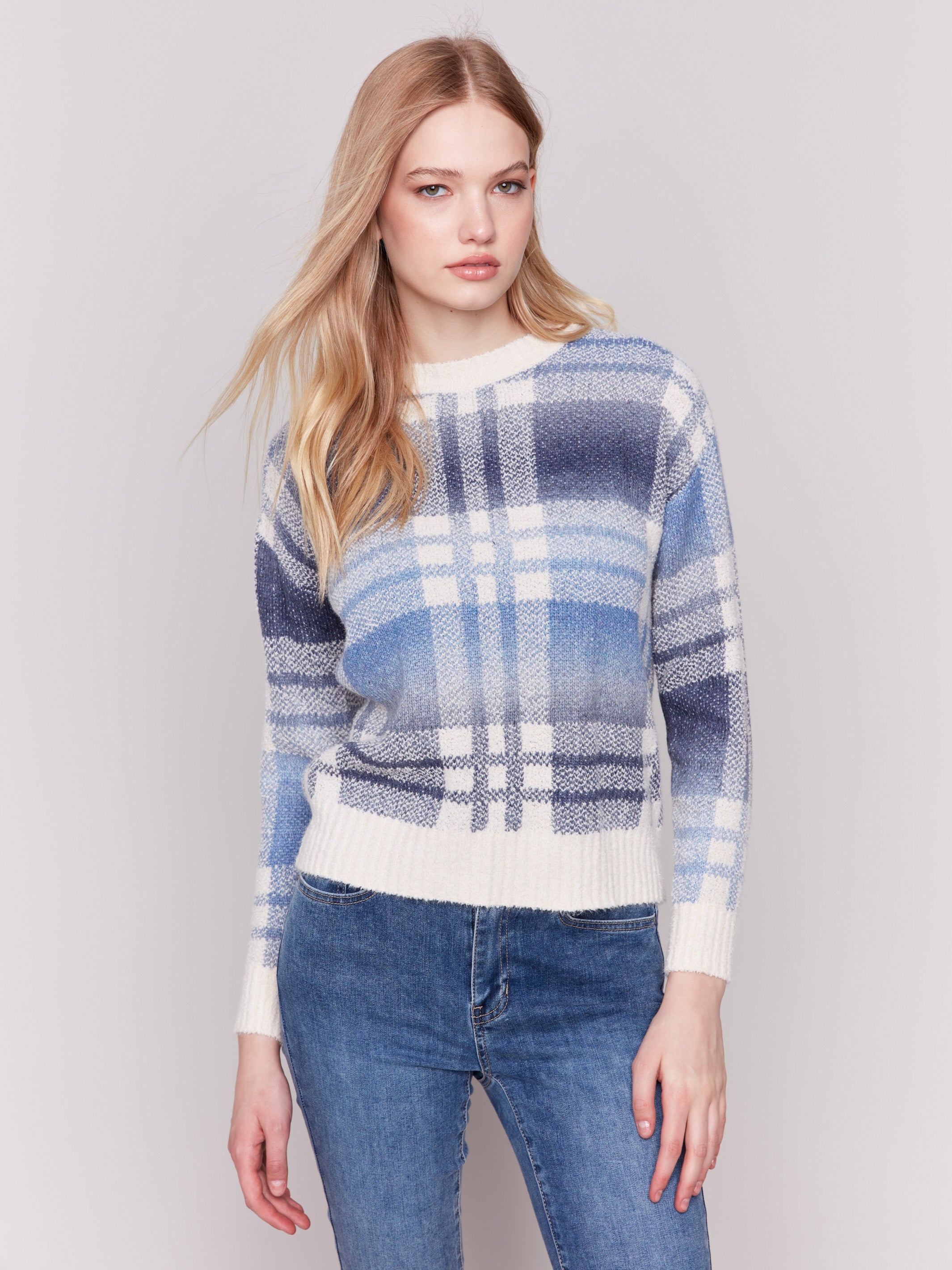 Long-sleeve plaid sweater with multicolor space dye design by Charlie B.