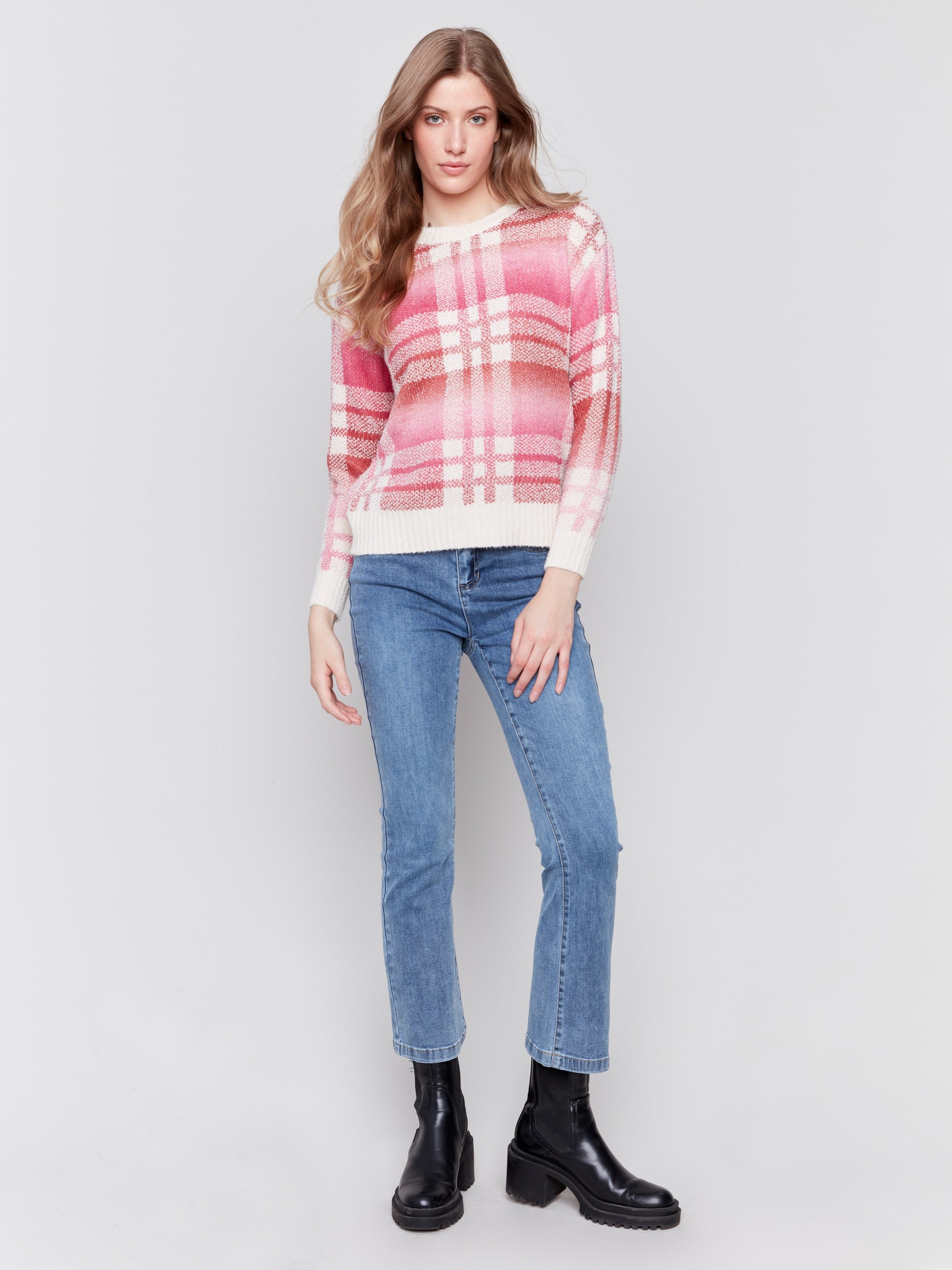 Long-sleeve plaid sweater in magenta with space dye design by Charlie B.