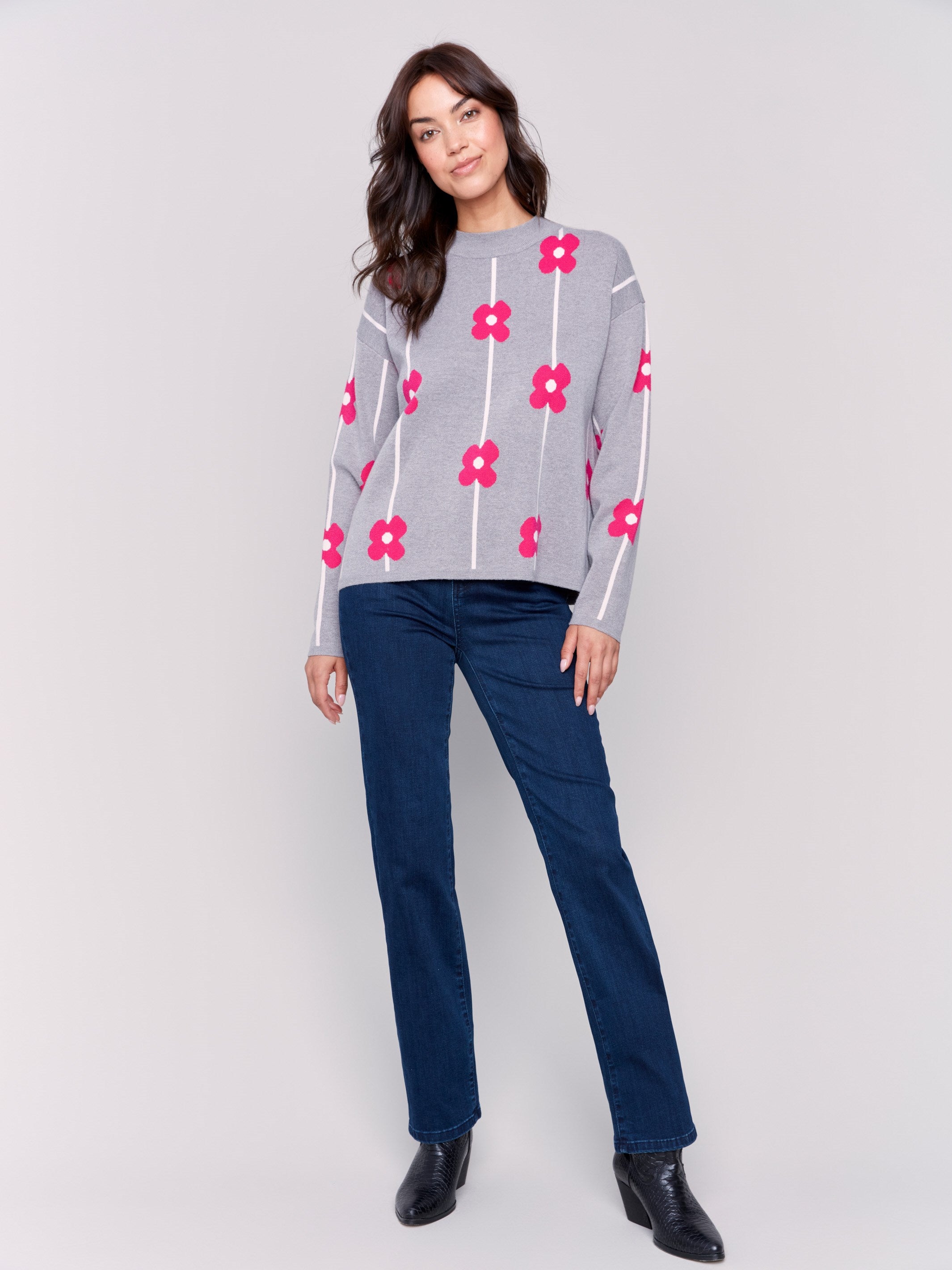 Heather grey sweater with pink floral print and a round neckline by Charlie B.