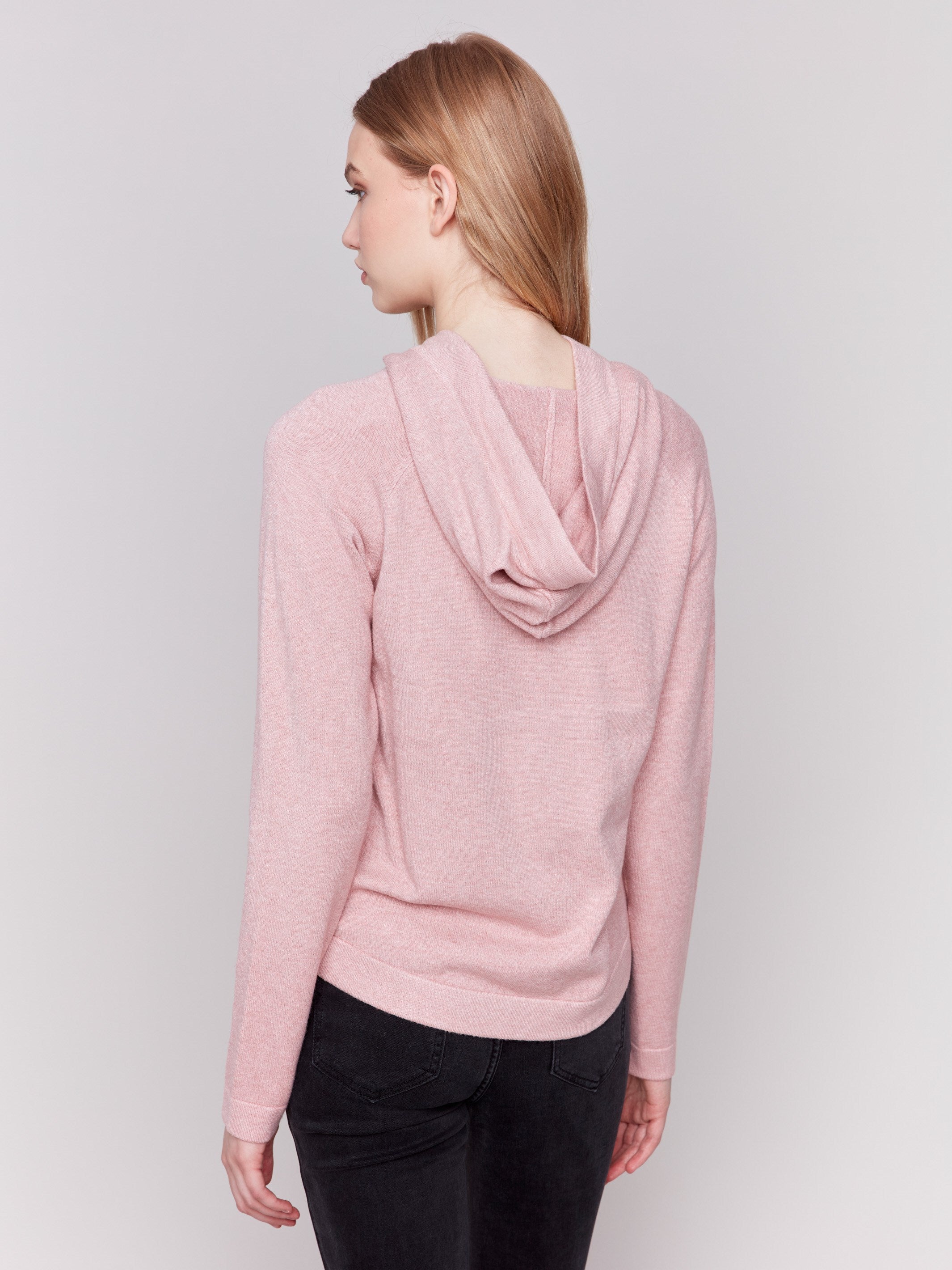 Heather woodrose knit hoodie sweater with long sleeves and front pocket by Charlie B.