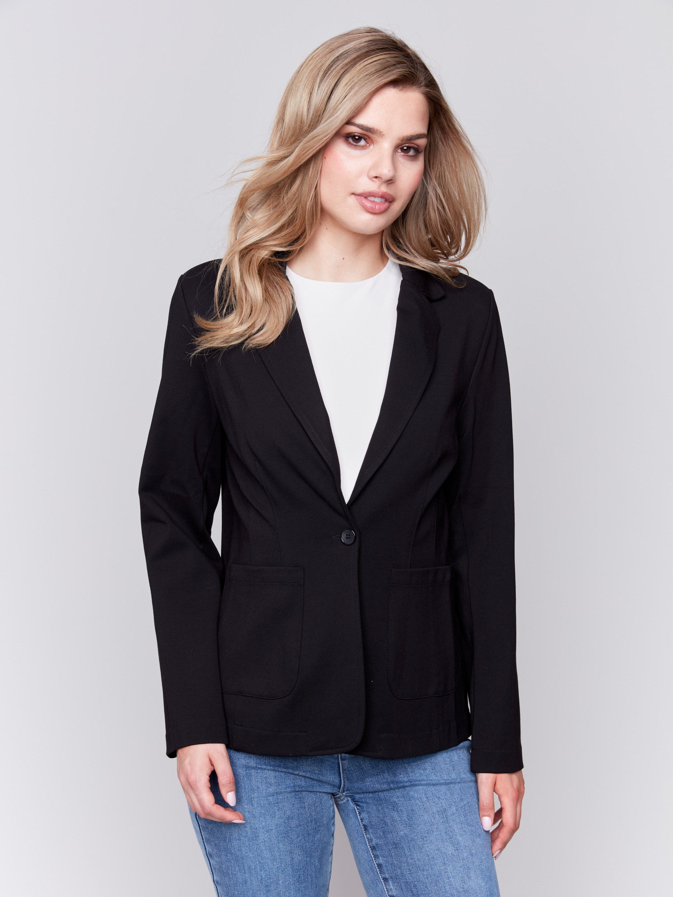 Classic black ponte blazer with lapel notch collar and front patch pockets by Charlie B.