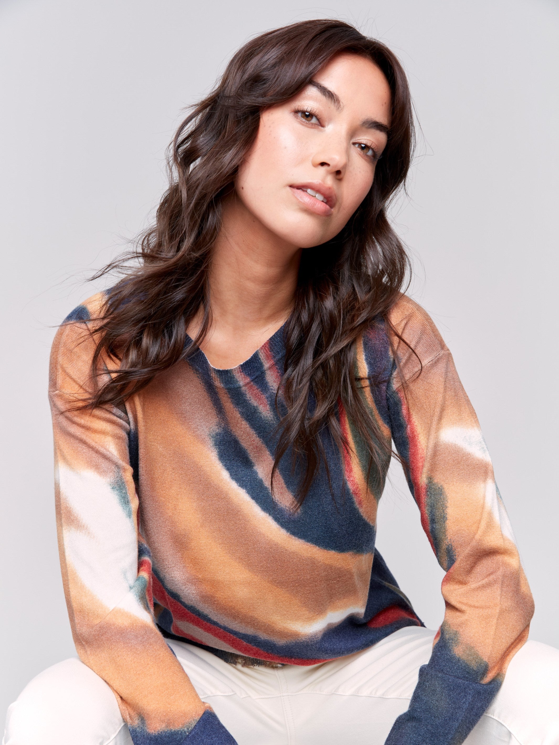 Long-sleeve tie-dye sweater in Spruce with a crew neck and frayed edge by Charlie B.