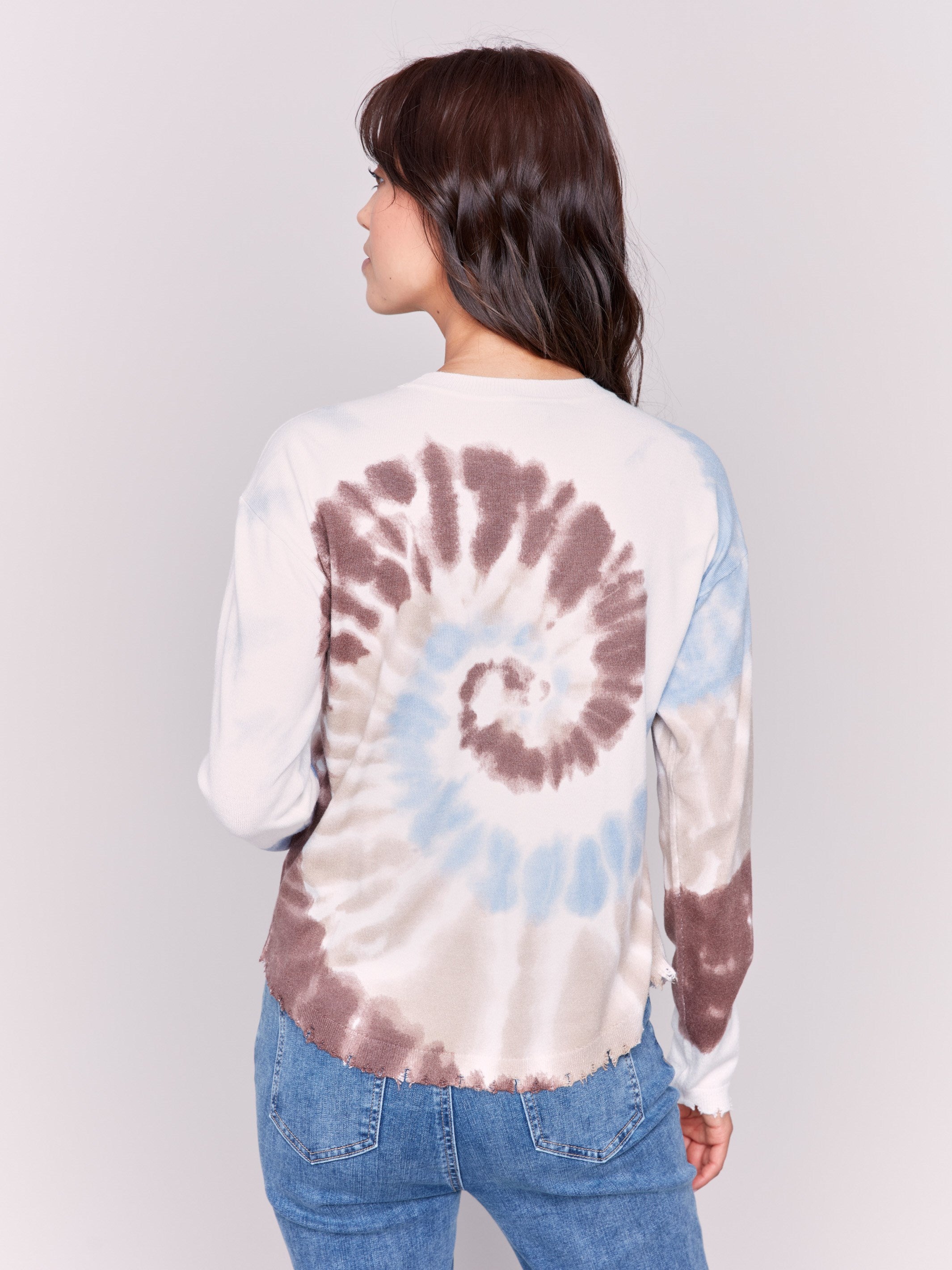 Long-sleeve tie-dye sweater in Frost with a crew neck and frayed edge by Charlie B.