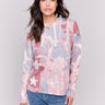 Printed hoodie sweater in pink and blue with raglan sleeves, a hood with drawstrings, and ribbed cuffs and hem by Charlie B.