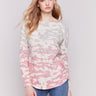 Gray and pink pastel camouflage sweater with long ribbed sleeves and crew neckline by Charlie B.