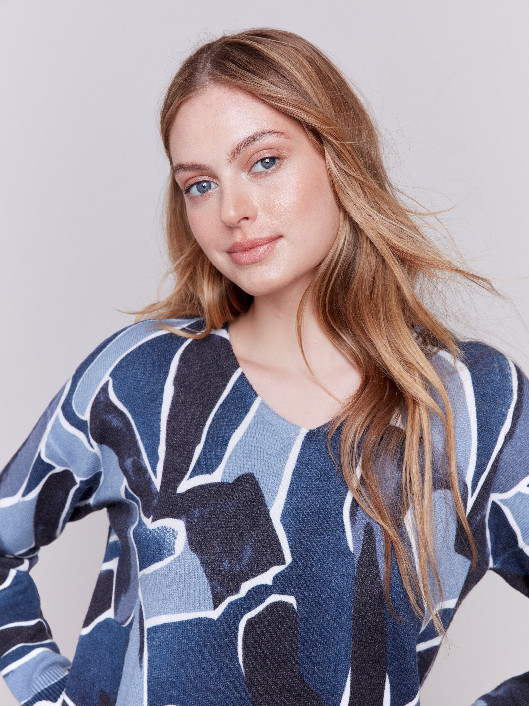 Denim blue V-neck sweater with an abstract print and drop shoulders by Charlie B.