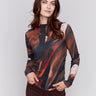 Long sleeve mock neck top with an abstract pattern in spruce tones by Charlie B.