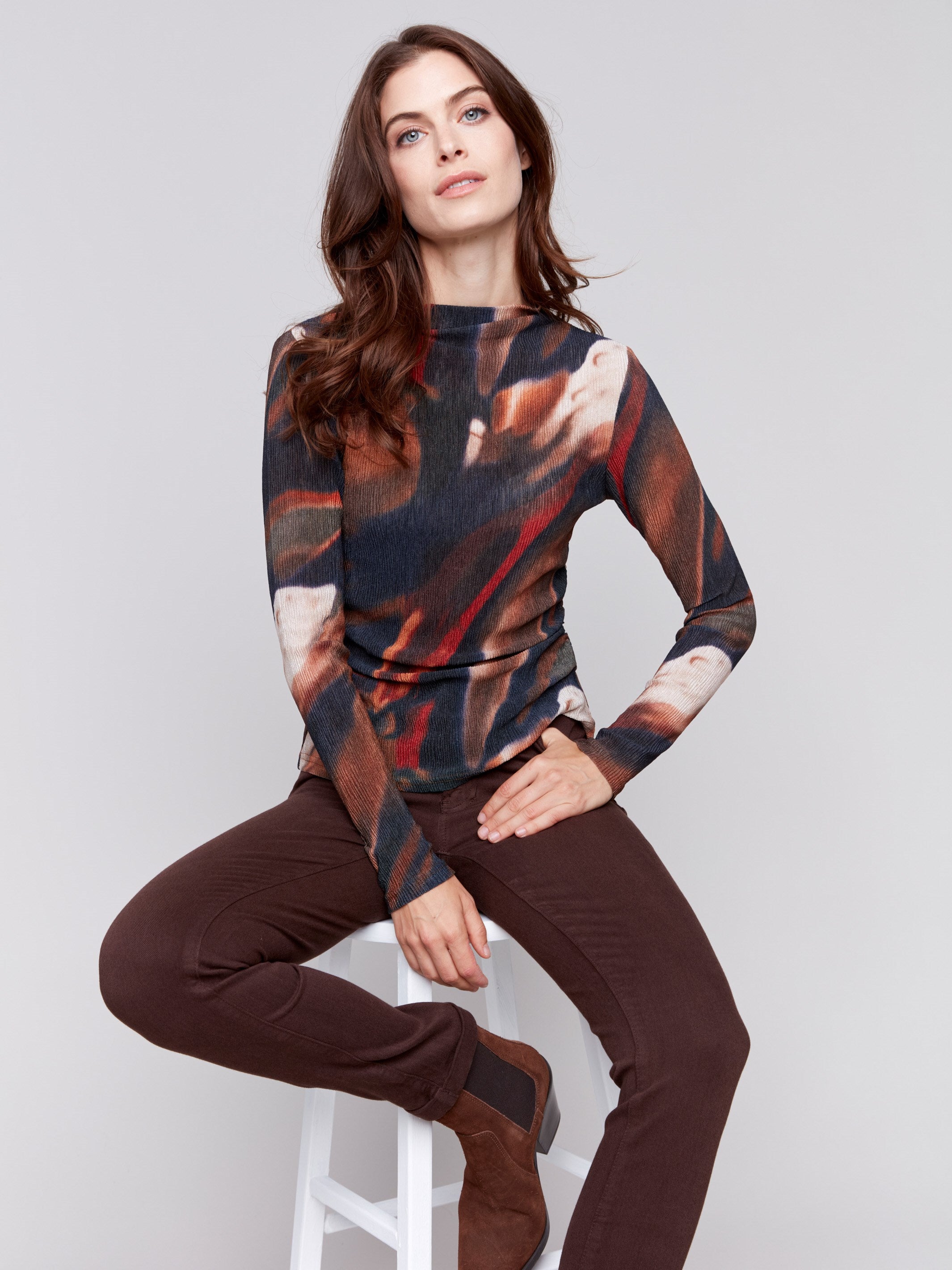 Long sleeve mock neck top with an abstract pattern in spruce tones by Charlie B.