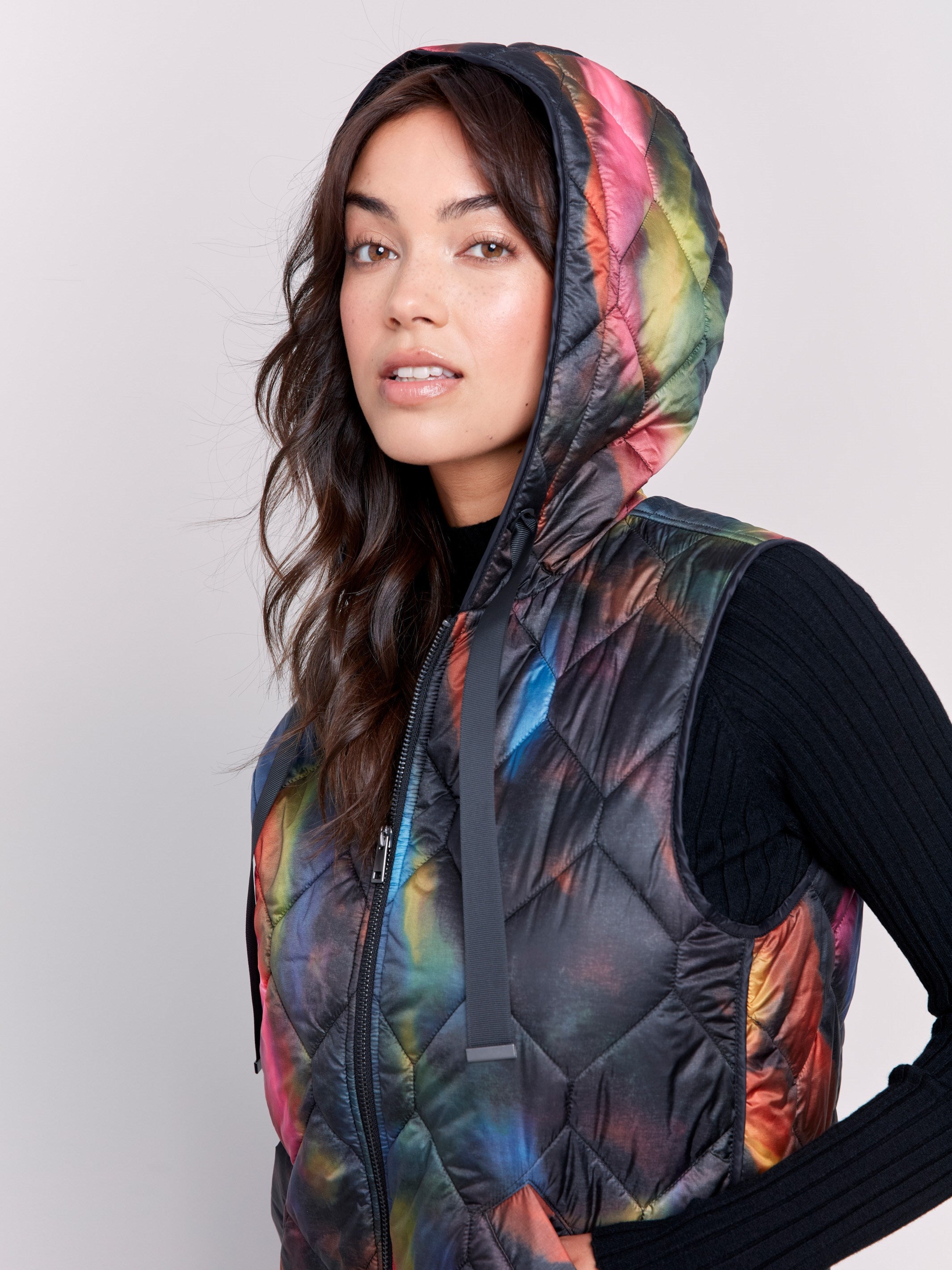 Colorful short quilted puffer vest with hood and zipper front by Charlie B.