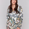 Abstract peacock pattern V-neck sweater with long sleeves by Charlie B.