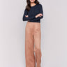 Truffle brown faux suede flare pants with a pull-on style, featuring two back welt pockets by Charlie B.