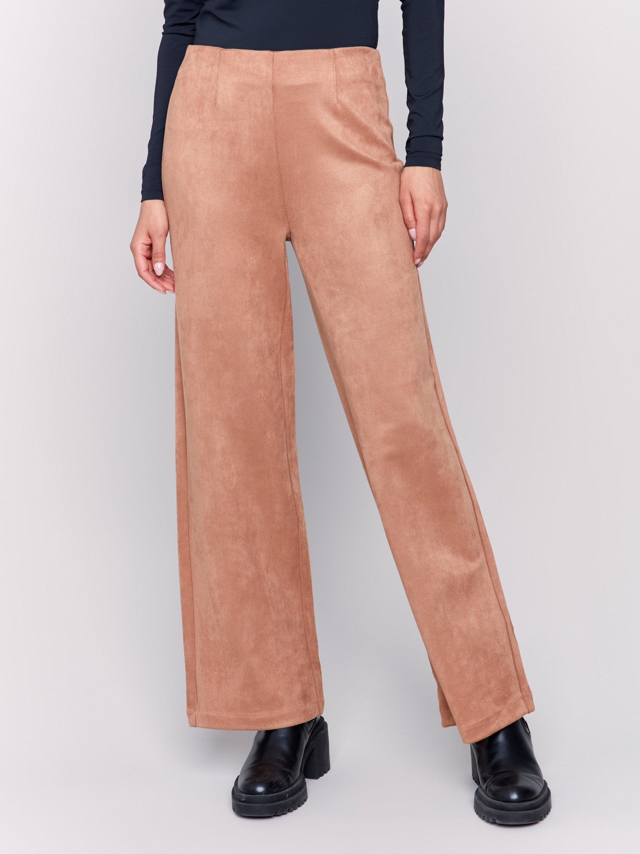 Truffle brown faux suede flare pants with a pull-on style, featuring two back welt pockets by Charlie B.