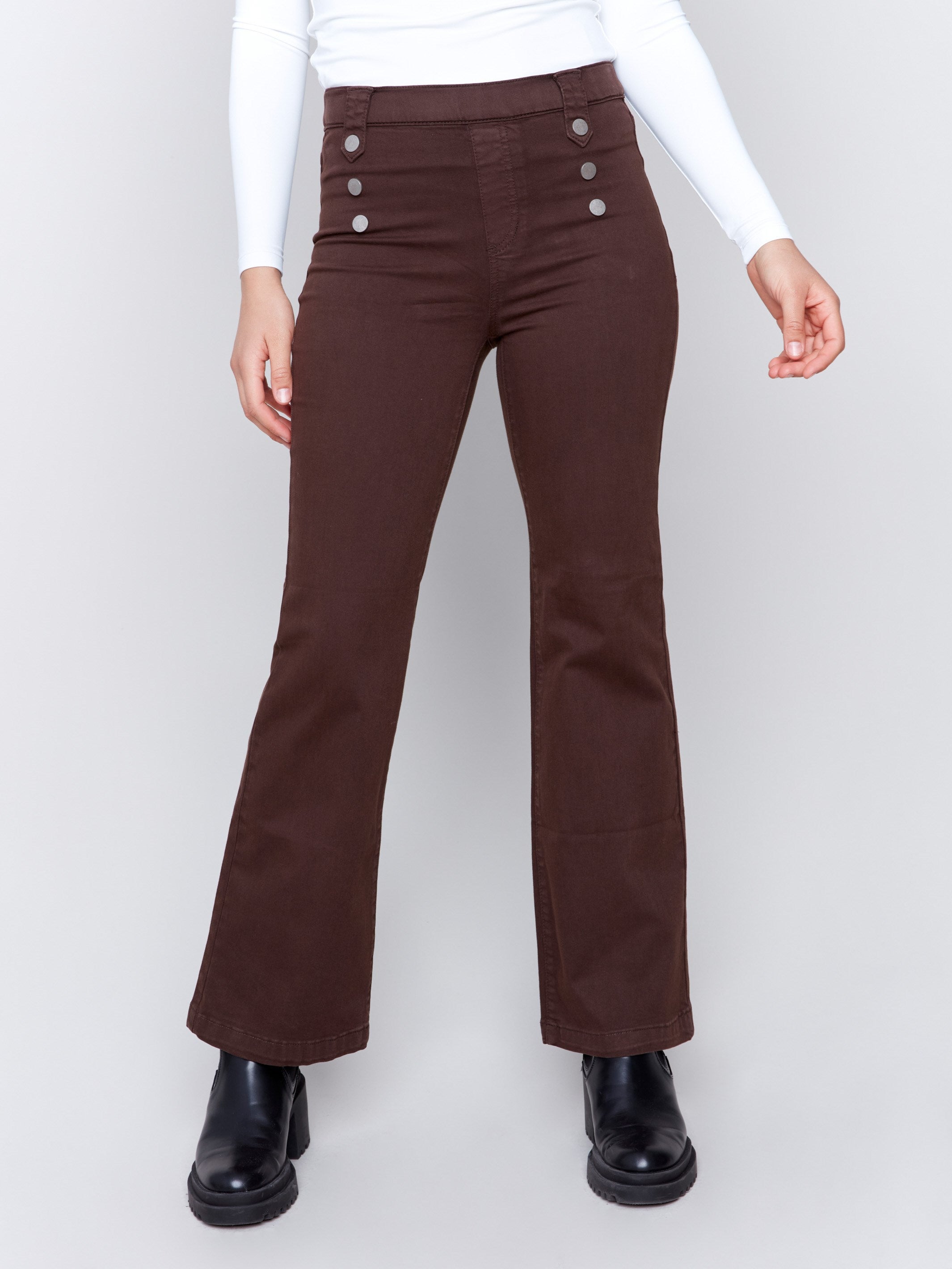 Mocha brown pull-on flare twill pants with front buttons and a flare leg design by Charlie B.