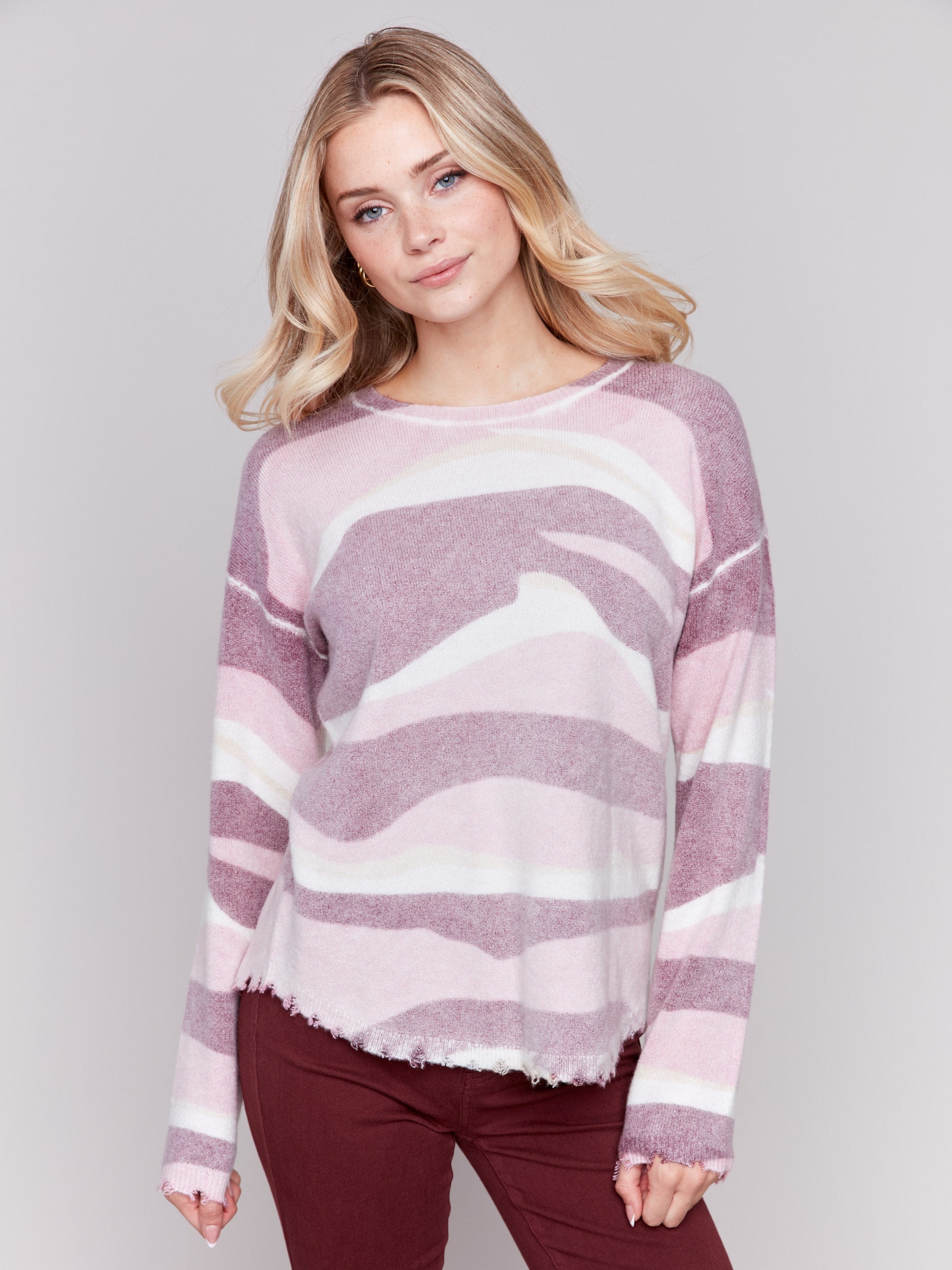 Reversible burgundy printed plush sweater with frayed edges and boatneck by Charlie B.