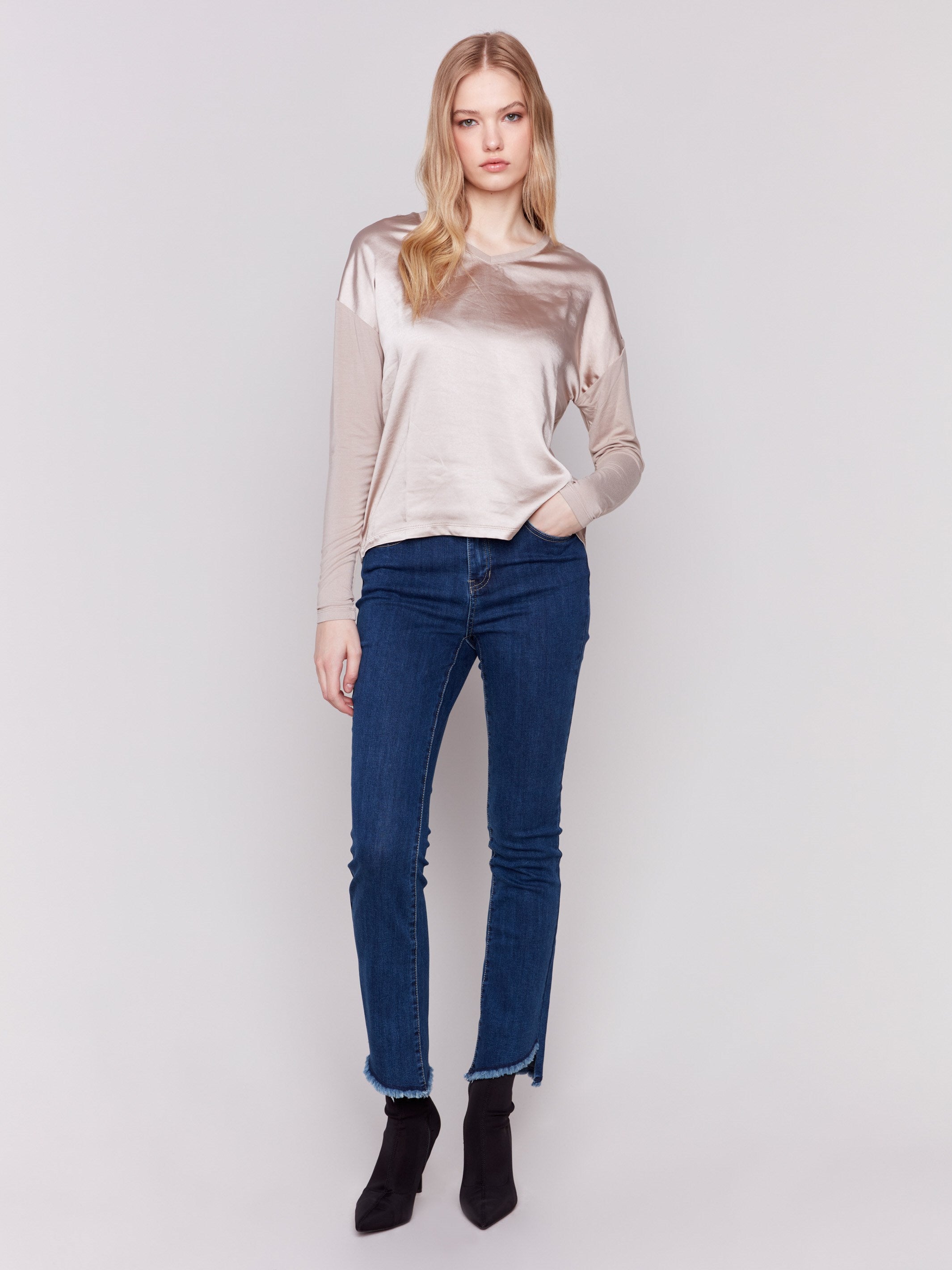 Almond satin and jersey top featuring V-neck design and long sleeves by Charlie B.