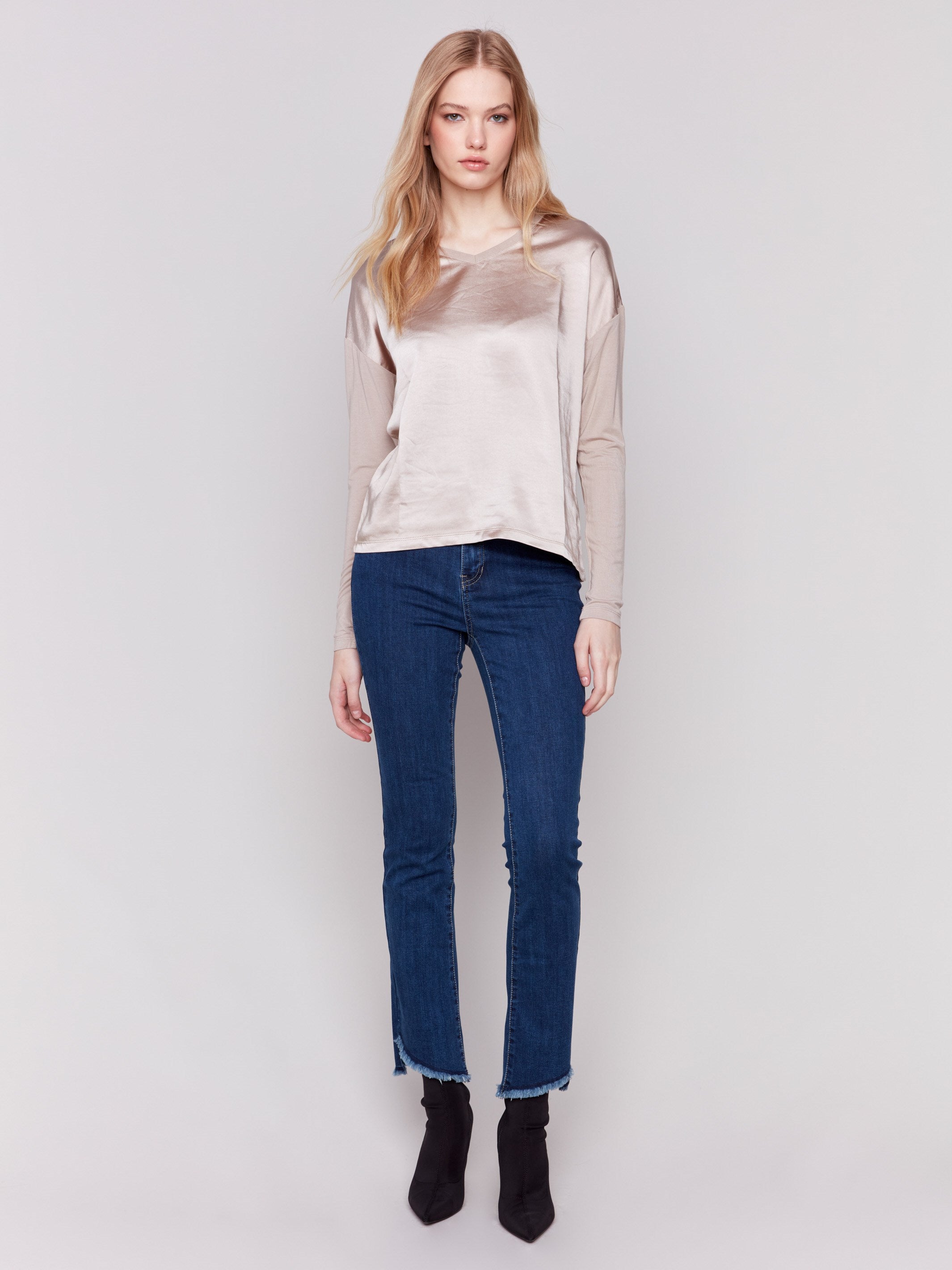 Almond satin and jersey top featuring V-neck design and long sleeves by Charlie B.