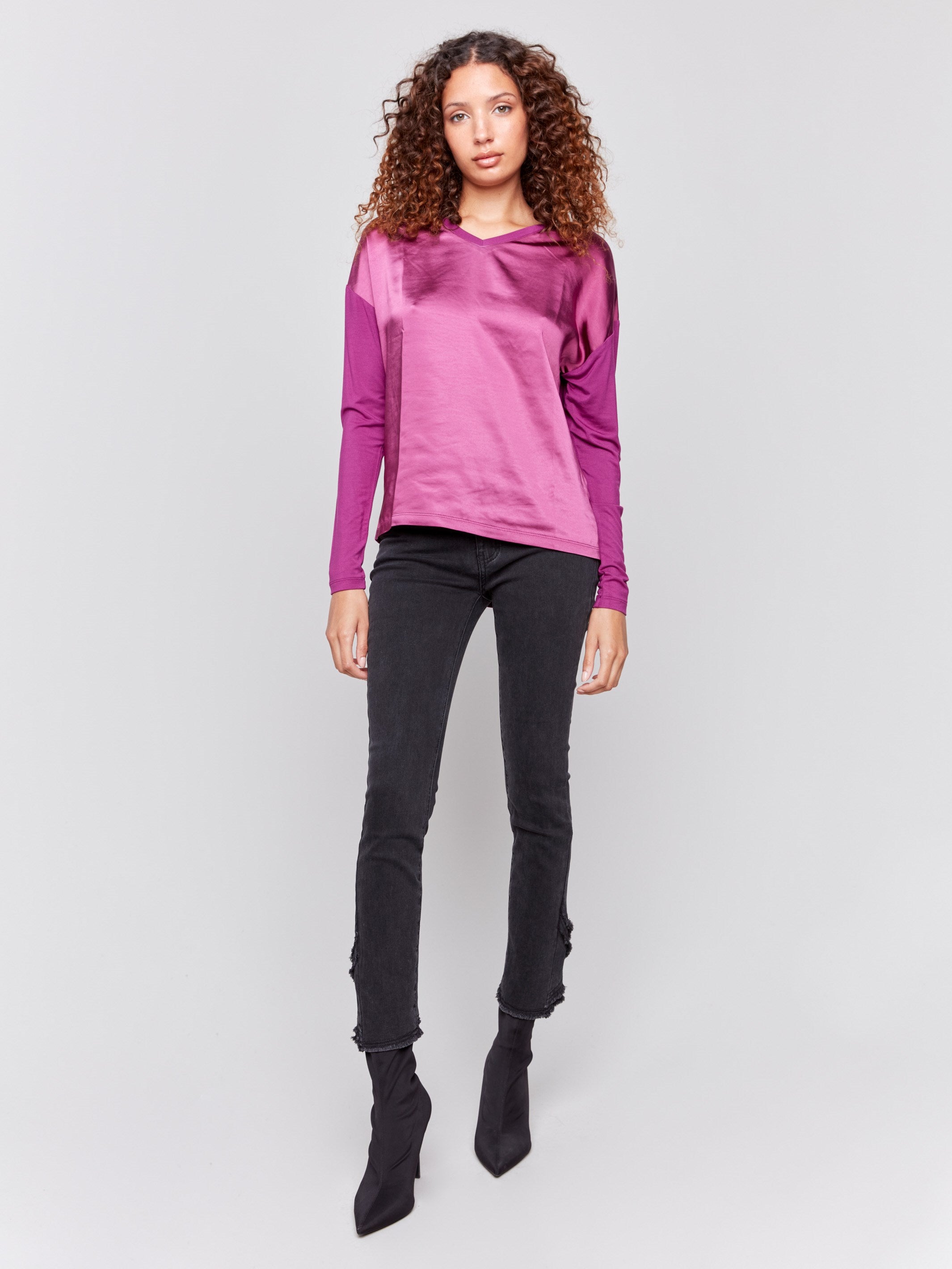 Mulberry satin and jersey top featuring V-neck design and long sleeves by Charlie B.