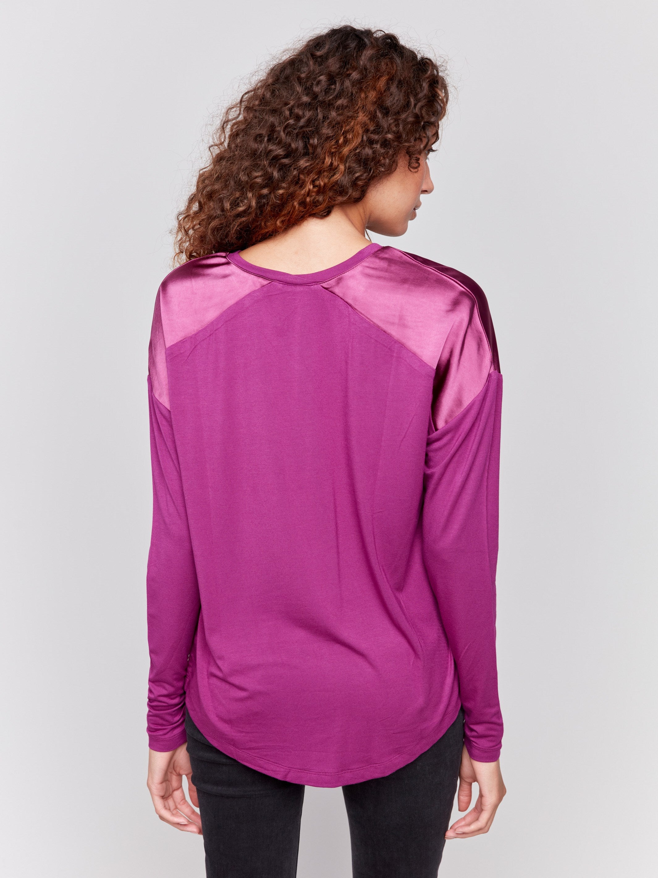 Mulberry satin and jersey top featuring V-neck design and long sleeves by Charlie B.